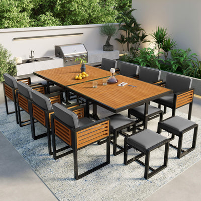 18-Pieces Acacia Wood Patio Dining Set, 8 Cushioned Chairs & 8 Ottomans & 2 Square Table,Space Saving Outdoor Patio Set for Backyard, Garden, Deck and Poolside (Gray/18)