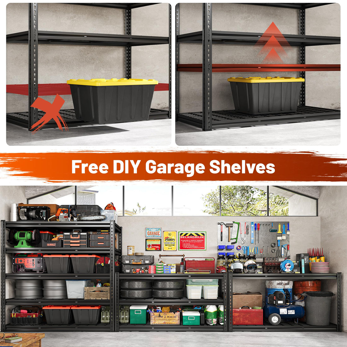 REIBII 48" W Garage Shelving 3000LBS Heavy Duty Storage Shelves, 5 Tier Adjustable Metal Shelves for Storage Rack Industrial Utility Shelf, Garage Storage Shelving Unit, 48" W x 24" D x 72" H REIBII