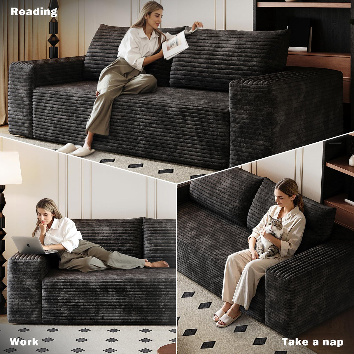 63" Cloud Loveseat Sofa in a Box for Living Room, Corduroy 2-Seater Boneless Couch 2 Throw Pillows, Modern Sponge Double Sofas with Deep Seat for Small Spaces, No Assembly Required (Black, 63 inch) KavlSean