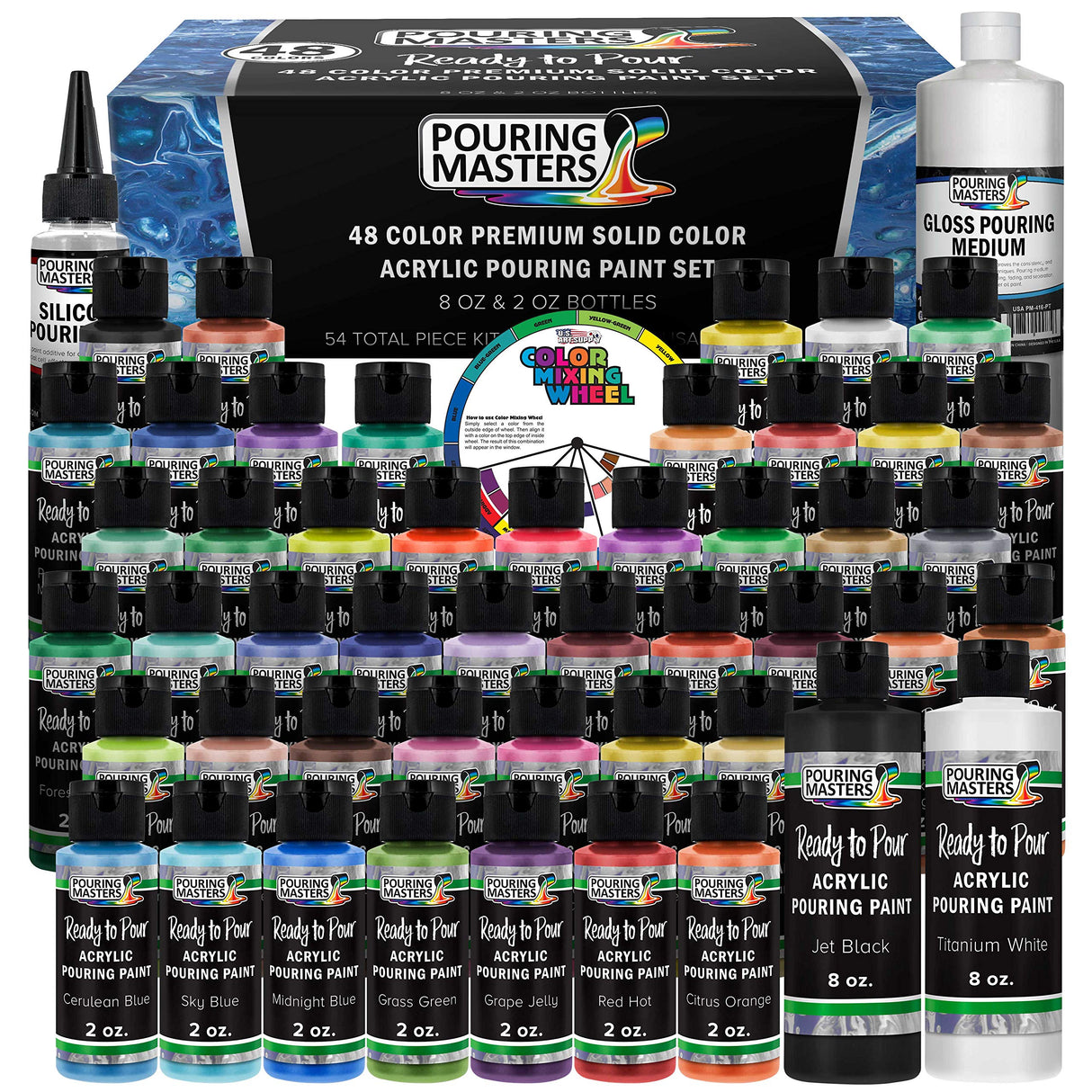 Pouring Masters 48-Color Ready-to-Pour Acrylic Pouring Paint Set: Premium Pre-Mixed, Silicone Oil & Gloss Medium, 2 oz & 8 oz Bottles, for Canvas, Wood & Crafts U.S. Art Supply