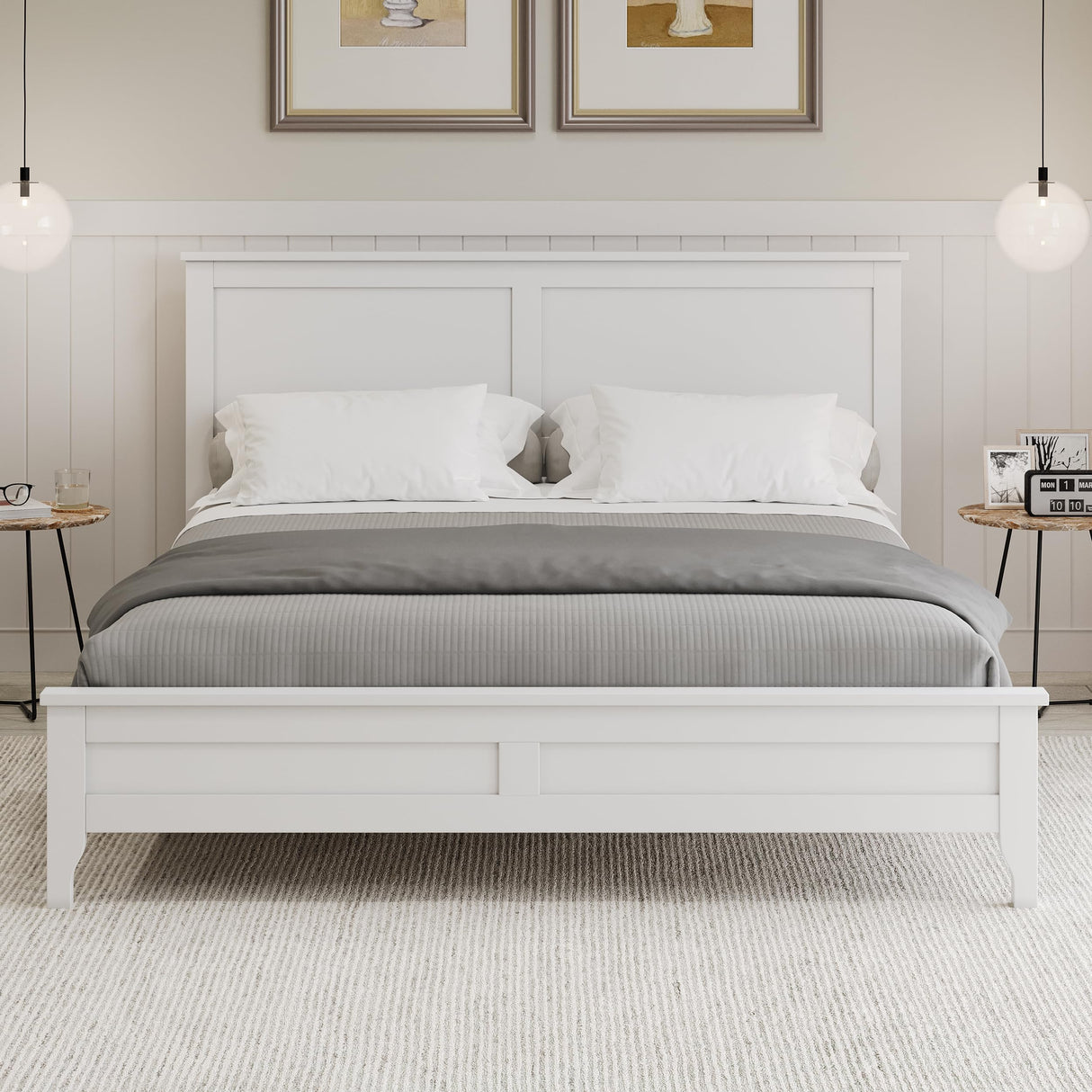 Merax Queen Size Platform Bed, Wooden Queen Platform Bed Frame with Headboard and Footboard, Wood Slat Support, No Box Spring Needed, White Merax