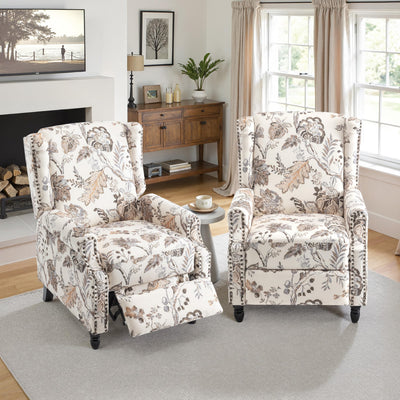 Pushback Recliner Chair Set of 2, Floral Fabric Wingback Recliner Chair, Upholstered Armchair Push Back Recliner, Rivet Trim Single Sofa Accent Chair with Wood Legs for Living Room, Plants Beige