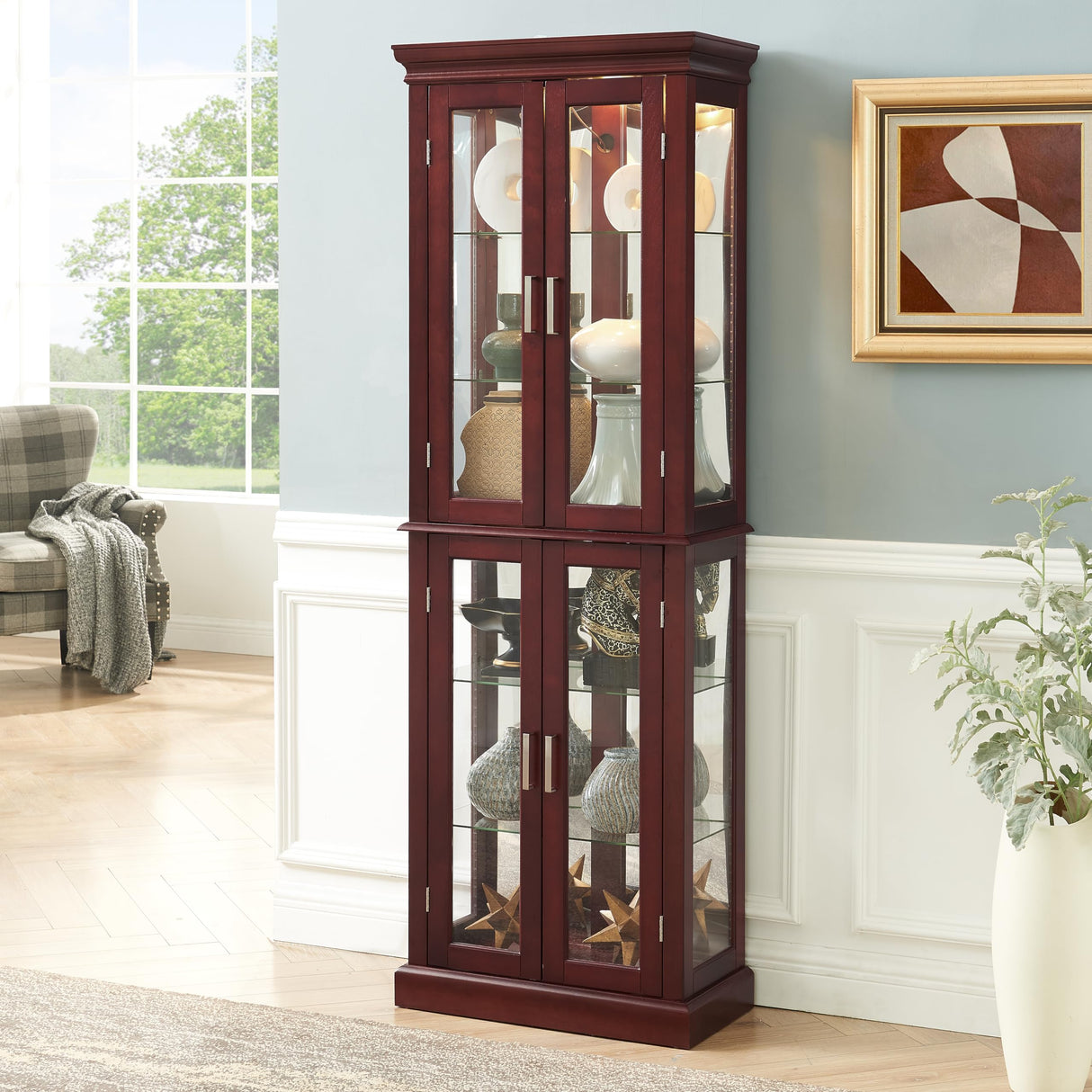 70" Lighted Curio Cabinet with Tempered Glass Doors - Cherry Wooden Curio Cabinet for Collectibles, China & Antiques, Adjustable Glass Shelves, Lockable, Mirror Back E26 Bulb Not Included Anveffeg