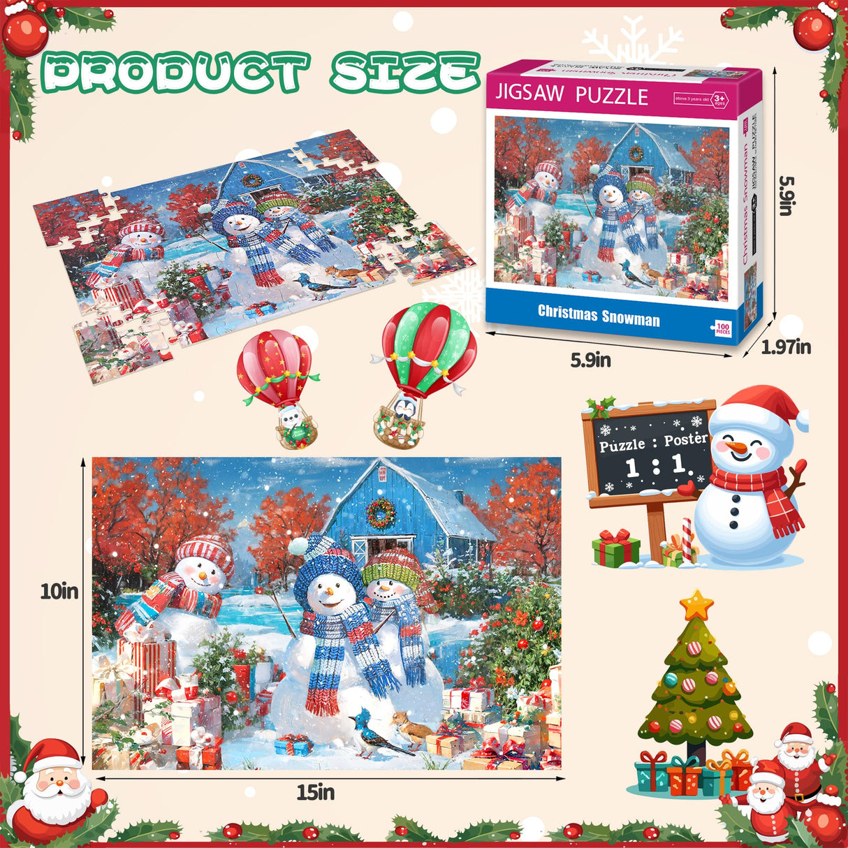 Bestbase 100 Piece Puzzles for Kids Ages 4-6 6-8 8-10, Christmas Snowman Holiday Jigsaw Puzzles, Kids Puzzles Wonderful Xmas Gifts, Christmas Puzzle Stocking Stuffers for Boys Girls Bestbase