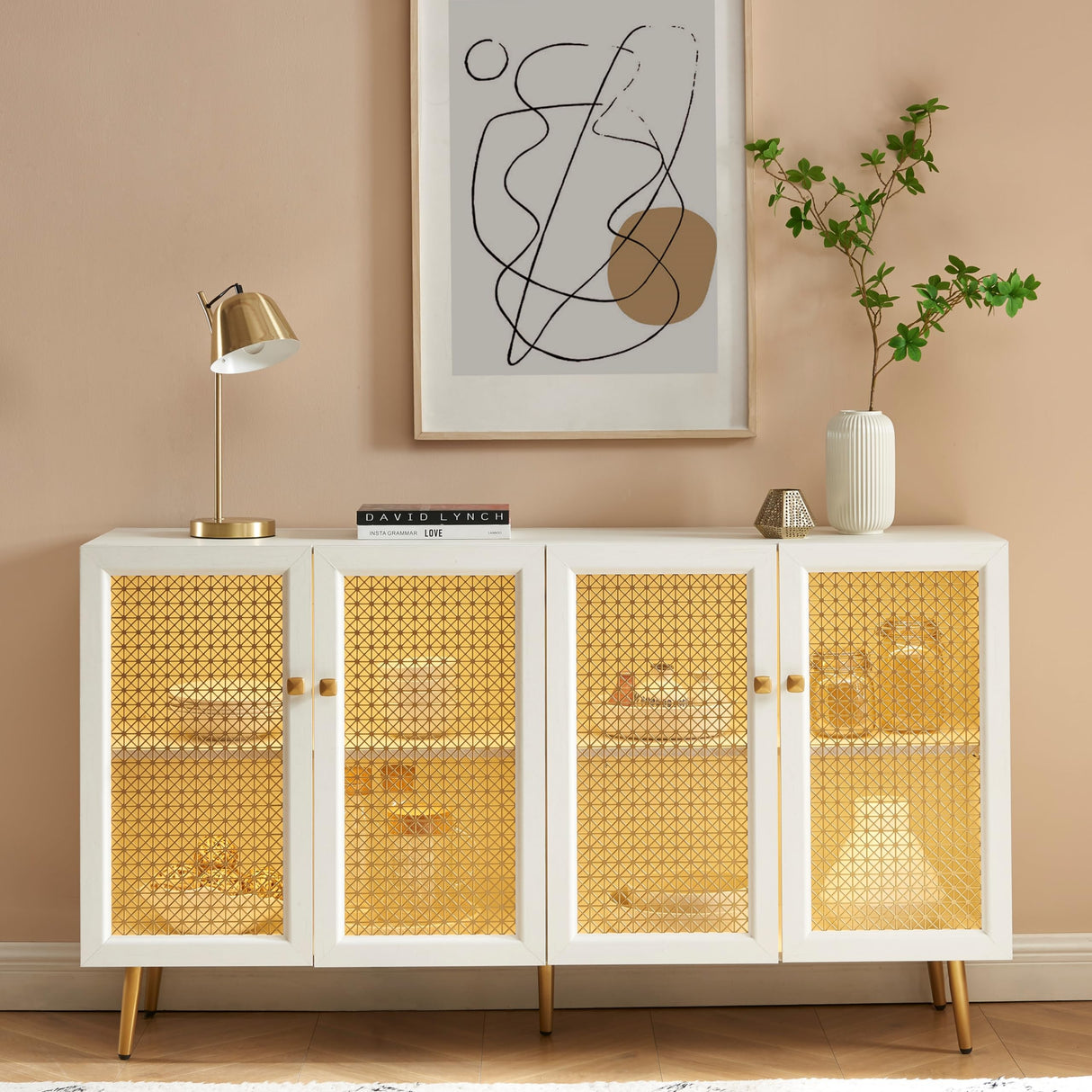 EDYO LIVING 63" Metal Decorative Sideboard Buffet Cabinet with LED Light, White Credenza Storage Cabinet, Wood Accent Cabinet with 4 Doors for Living Room EDYO LIVING