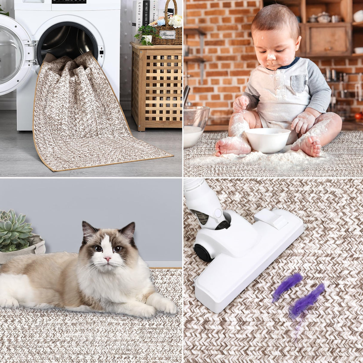 ROYHOME 8x10 Area Rug Machine Washable Rug for Living Room Print Braided Accent Rug Stain Resistant Non-Slip Carpet Farmhouse Solid Printed Textured Floor Cover for Home Decor, Beige/Grey ROYHOME