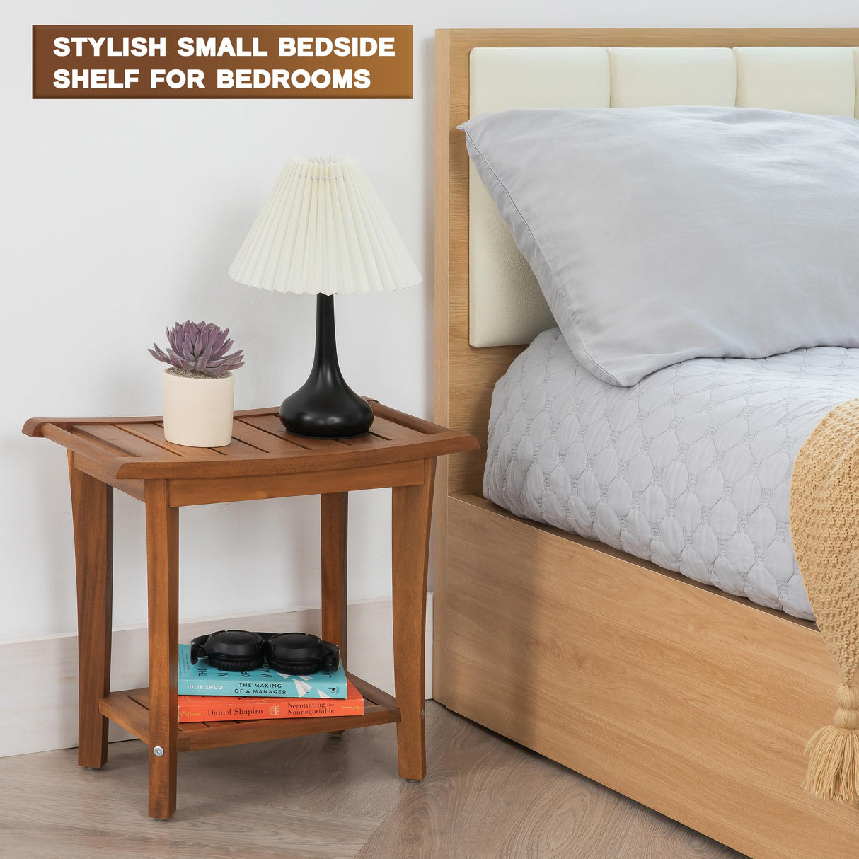 VICTORY RELAX Shower Stool Wood, 2-Tier Wooden Shower Bench for Inside Bathroom Sitting, Heavy Duty Chair with Storage Shelf, Acacia Wood Waterproof - Natural VICTORY RELAX