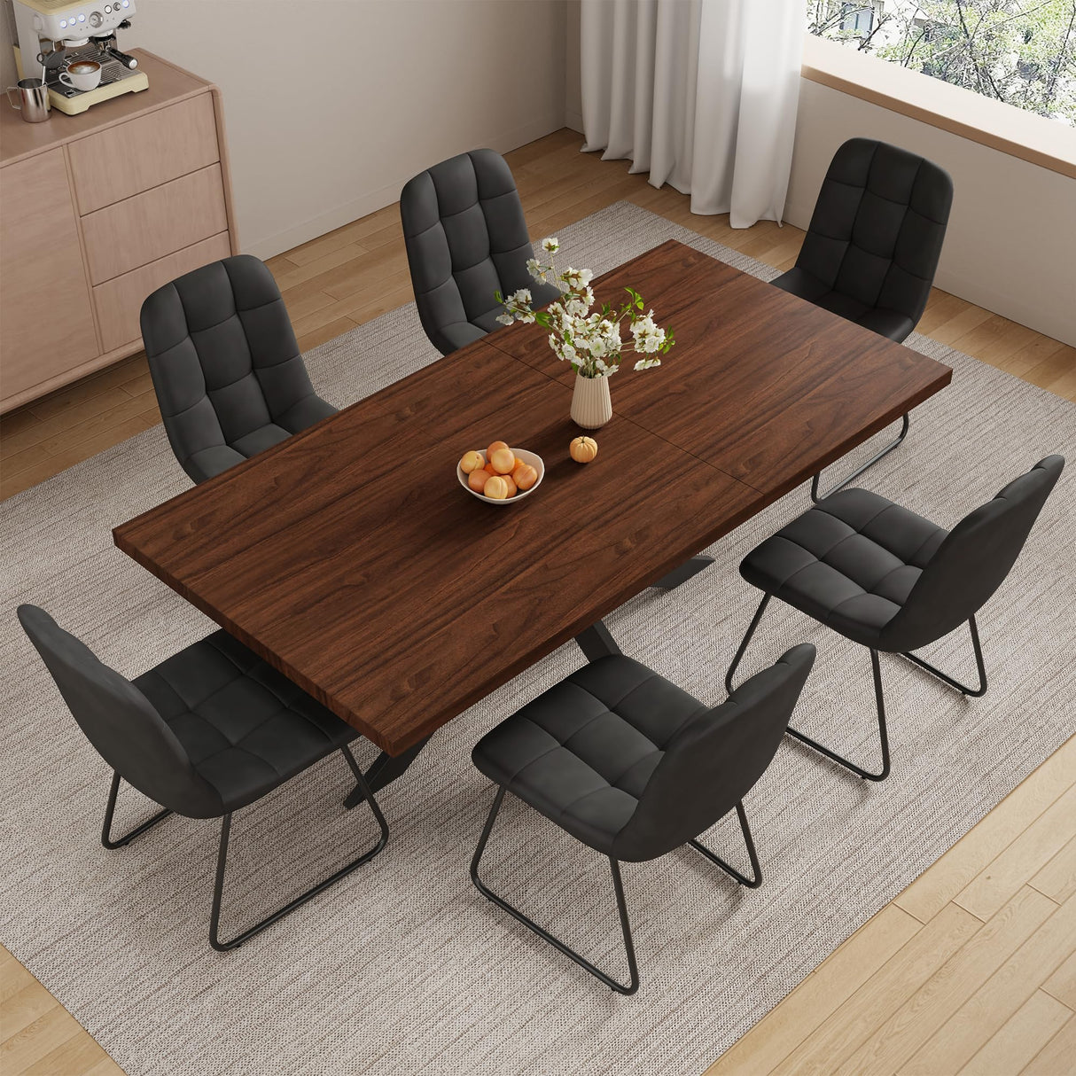 ZckyCine 7-Piece Dining Table Set with 51"-67" Extendable Walnut Wood Table and 6 PU Leather Chairs, Modern Rectangular Kitchen Table Set with Metal Legs, Seats 6, Easy Assembly ZckyCine