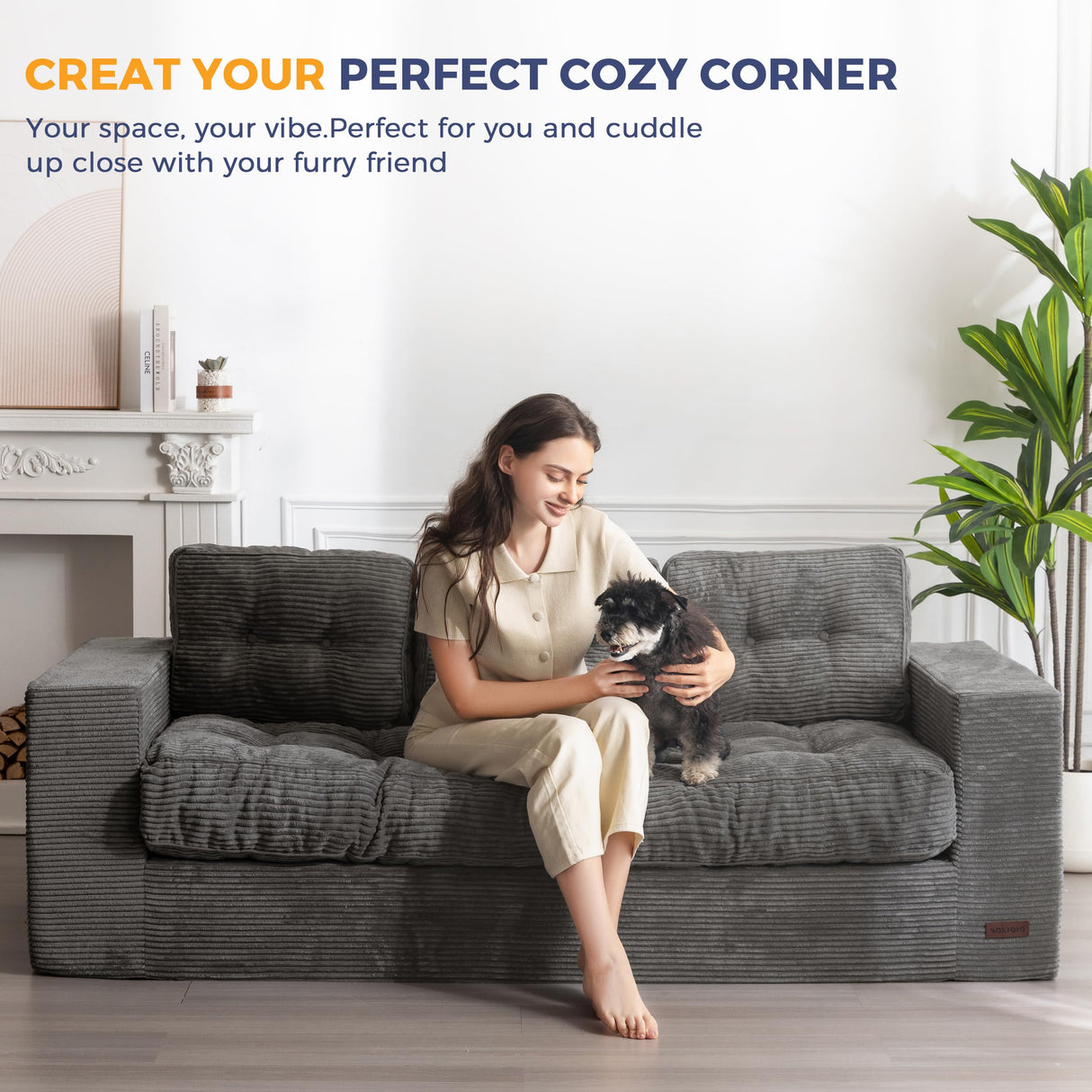 MAXYOYO 3 Seater Couch for Living Room, Boneless Couch with Tufted Cushion & Backrest, Upholstered Floor Sofa with Armrests, Sofa in A Box, No Assembly Required, Dark Grey MAXYOYO