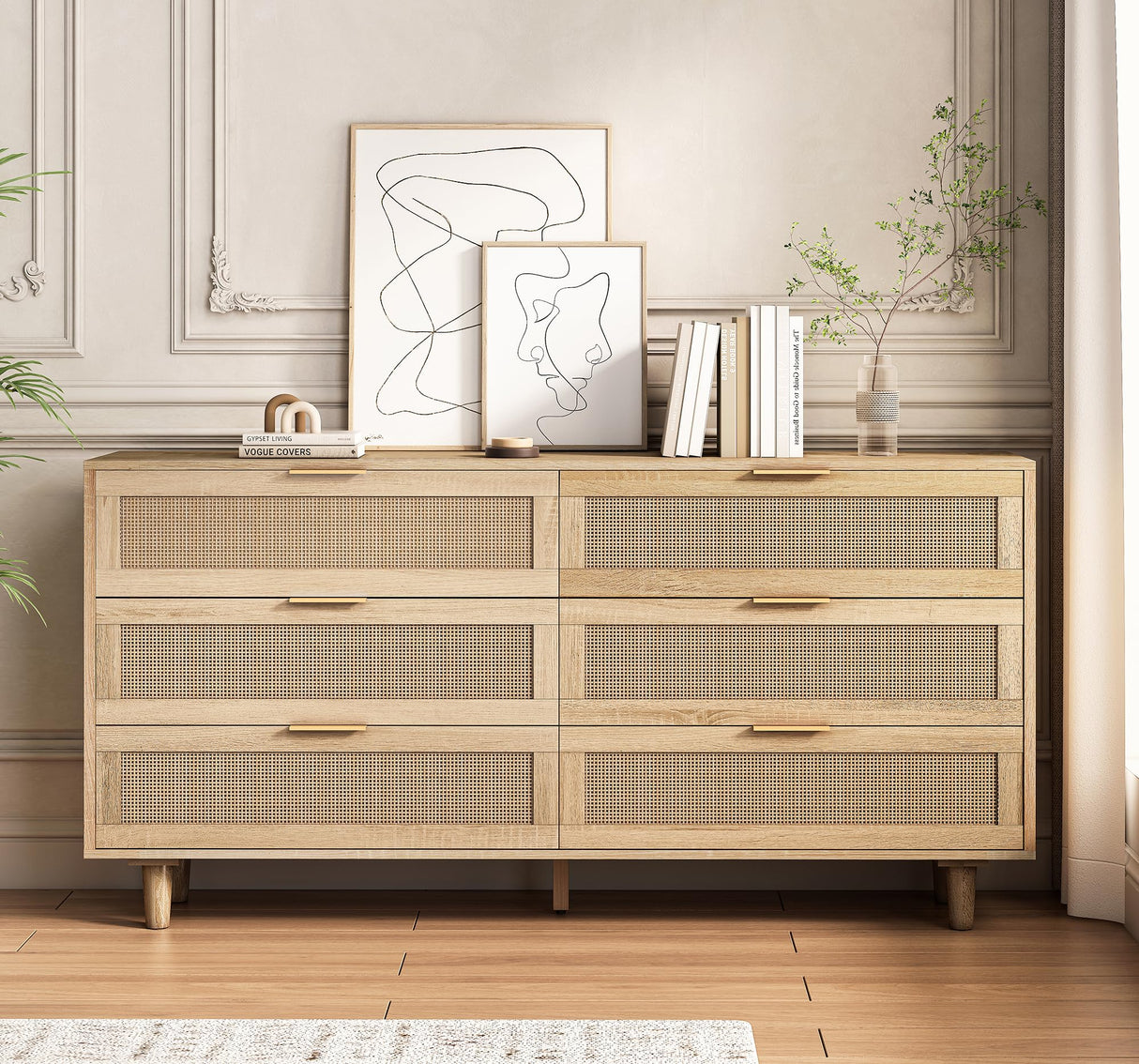 6 Drawer Double Dresser for Bedroom,Natural Rattan Modern Drawer Chest,Wooden Storage Wardrobe Dresser with Gold Handles,Floor Standing Storage Cabinet, for Entrance,Living Room,Hallway-Natural Generic