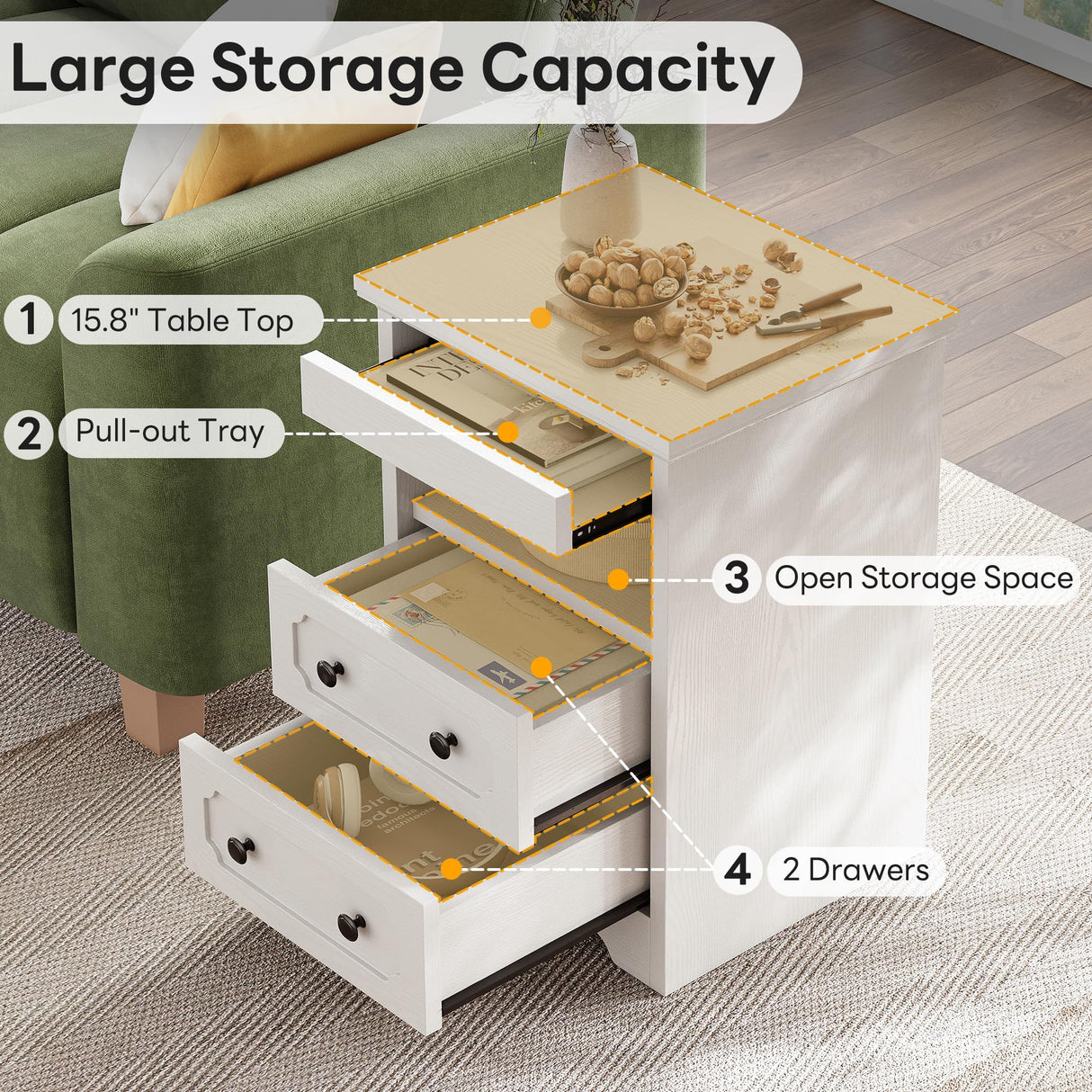 LIKIMIO Night Stand, Modern Bedside Table with 3 Drawers, Open Shelf, End Table with Pull-Out Tray, Wood SideTable, White LIKIMIO