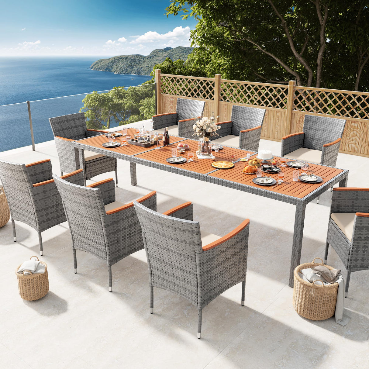 Devoko Outdoor Patio Dining Sets 9 Pieces Wicker Outdoor Dining Table and Chairs Set with Acacia Wood Table Top and Widened Armrests for Backyard, Garden, Deck (Grey) Devoko