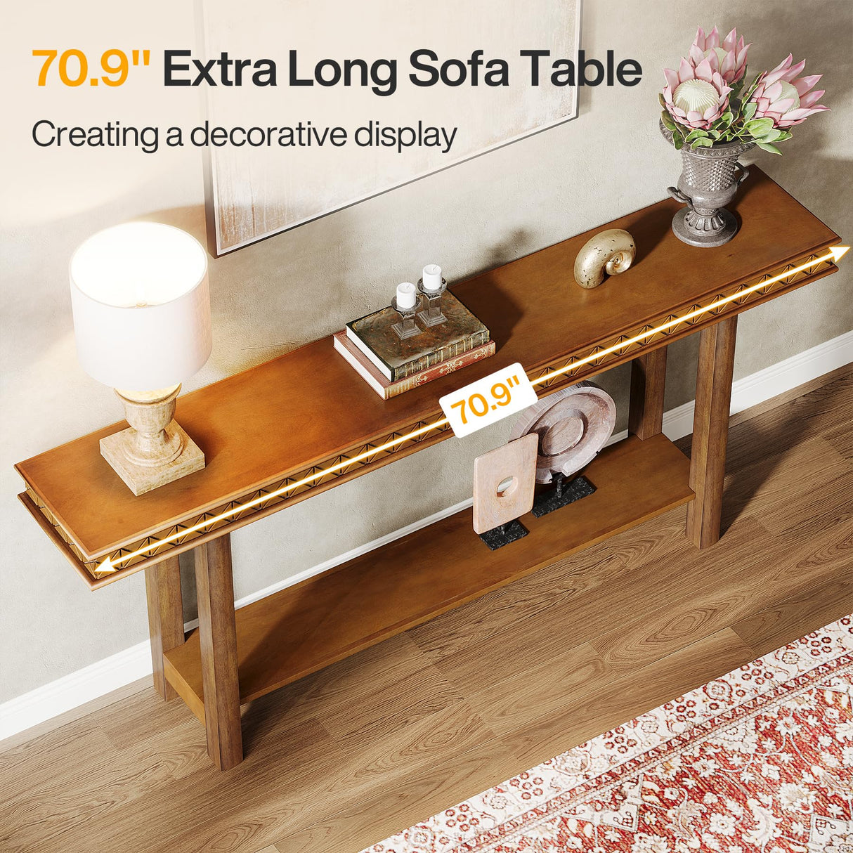 Tribesigns 70.9-Inch Solid Wood Extra Long Console Table, Wood Sofa Table Behind Couch Narrow Long, 2-Tier Entryway Accent Table with Storage for Living Room, Hallway, Entrance, Foyer, Rustic Brown Tribesigns