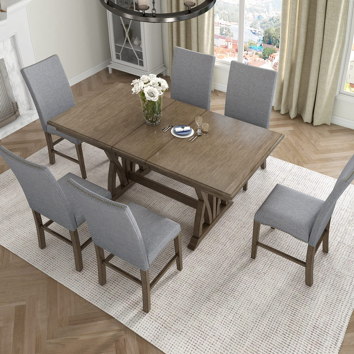 CITYLIGHT 7 Piece Dining Table Set, Extendable Table with 12” Leaf and 6 Upholstered Chairs, Wood Rectangular Dining Set, Mid-Century Kitchen Dining Table Set for 6 People (Golden Brown+Gray Cushion) CITYLIGHT