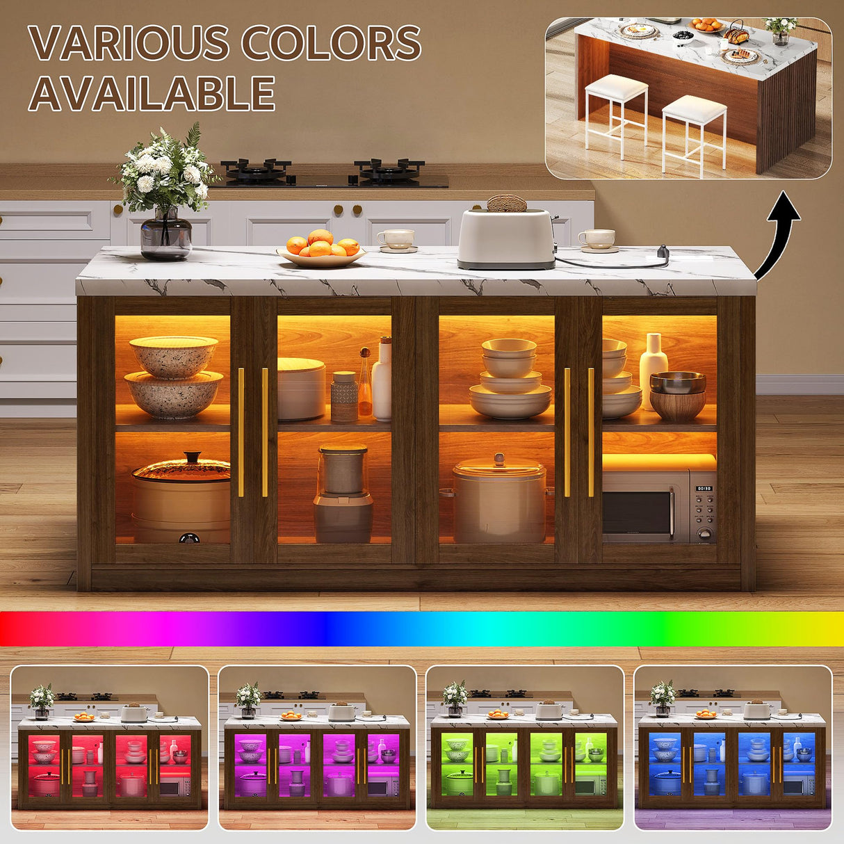 Homiflex Kitchen Island with Storage, 57" W Large Island Table with Seating/LED Light for Dining Room, Kitchen Carts on Wheels Breakfast Bar Table w/Power Outlet, Walnut Homiflex