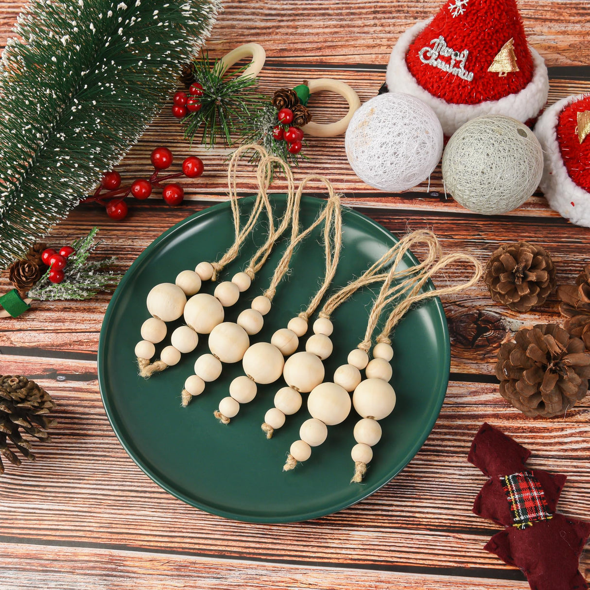 24 Pcs Christmas Tree Ornaments Wood Bead Hanging Decorations Farmhouse Natural Bead Garland Rustic Small Wooden Boho Holiday Minimalist for Neutral Scandi Xmas Tree Hanging Party Decor AllReal