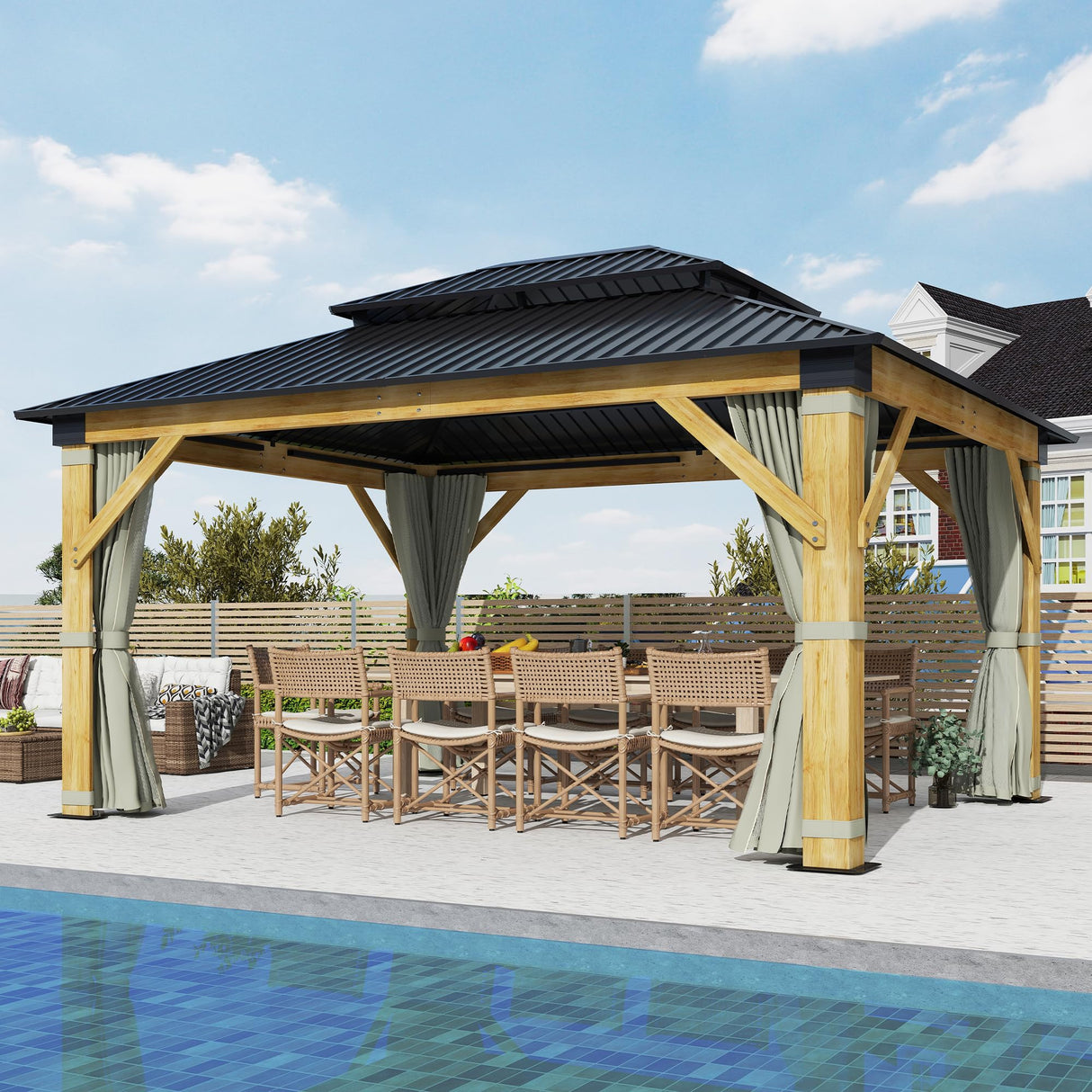 GARTOO 13’x15’ Patio Wooden Gazebo, Galvanized Steel Roof Gazebo with Olive Green Curtains and Netting, Double Vented Roof Hardtop Gazebo for Garden, Porch, Lawn, Poolside, Backyard GARTOO