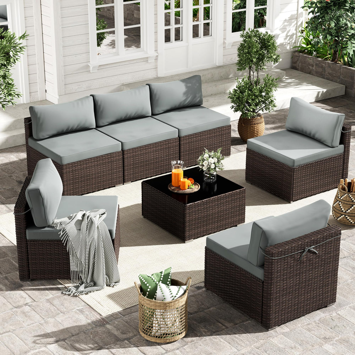 7 Piece Patio Furniture Set, Outdoor Wicker Patio Sofa Set, PE Rattan Sectional Couch with Glass Table and Grey Cushions, All-Weather 7 Piece Outdoor Patio Furniture Sets, Brown Tradare