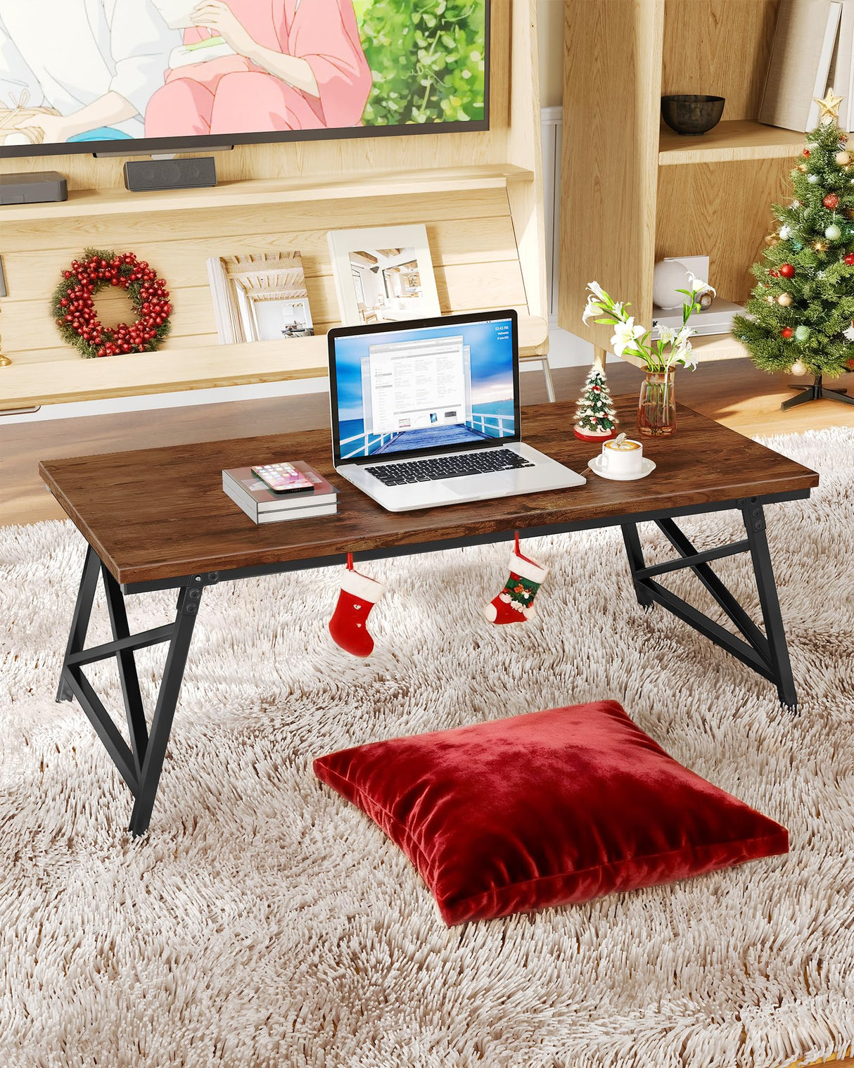 CHOEZON 41.3" Folding Coffee Table with Safety Buckles, Low Coffee Table, Portable Floor Table, for Sitting on The Floor, for Living Room, Bedroom, Balcony, Caravan, Rustic Brown and Black TKF01BF