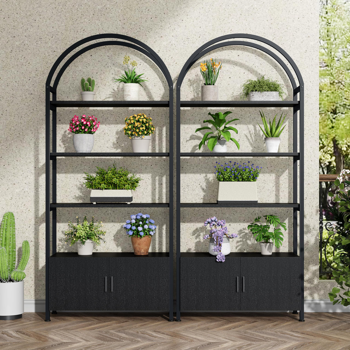 Semoic Arched Bookshelf with Drawers, 71" Tall Industrial Bookcase with Sturdy Metal Frame, Freestanding Display Shelving Unit, Geometric Book Shelf for Lving Room, Home Office, Black Semoic