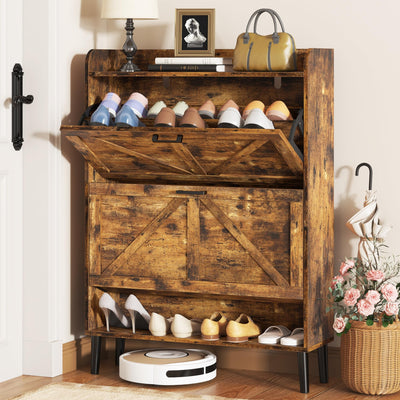HOMEFORT Shoe Storage Cabinet for Entryway, Slim Shoe Organizer with Two Flip Drawers, Narrow Shoe Rack Cabinet with Wood Legs, Farmhouse Hidden Shoe Cabinet for Front Door Entrance,Rustic Brown