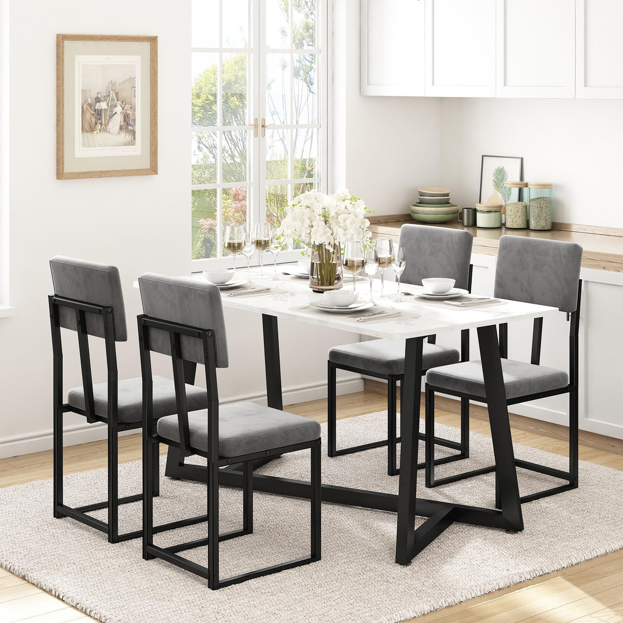HUGROVE 5-Piece Dining Set, 47.24-Inch Faux Marble Dining Table Set for 4, Modern Minimalist Kitchen & Dining Room Set with Velvet Upholstered Chairs for Small Spaces, Apartments (Charcoal) HUGROVE