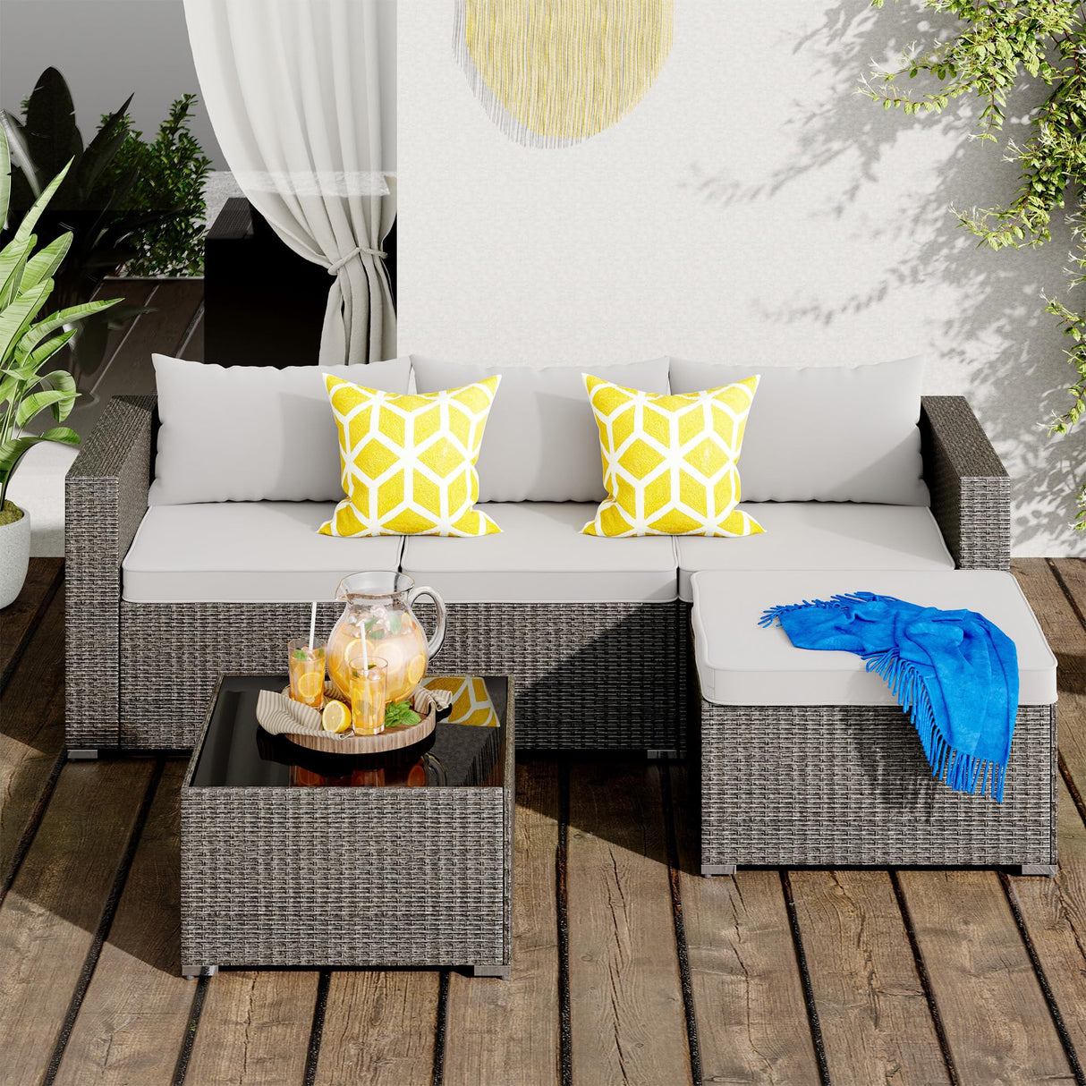 Nalupatio Patio Furniture Set,5 Piece Outdoor Patio Conversation Set All Weather Patio Sofa Manual Weaving Wicker Rattan Sectional Sofa with Washable Cushions & Glass Table for Poolside,Backyard-Gray Nalupatio