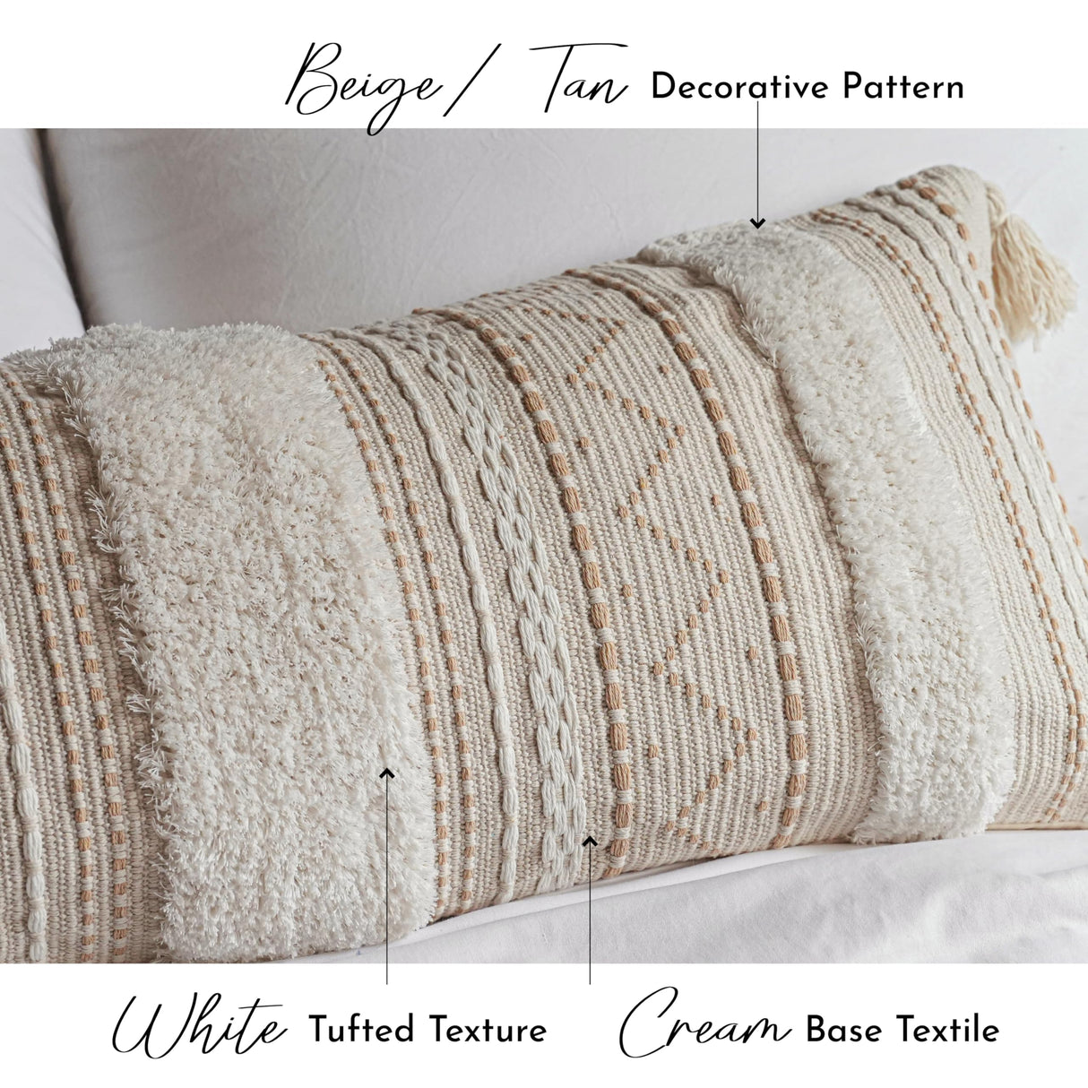 BlissBlush Cream Decorative Lumbar Throw Pillow Cover 14x36 Boho Long Cushion for Bed Neutral Accent Farmhouse Pillowcase for Bedroom Living Room Couch Sofa Home Décor (Cover ONLY, Pack of 1) BlissBlush
