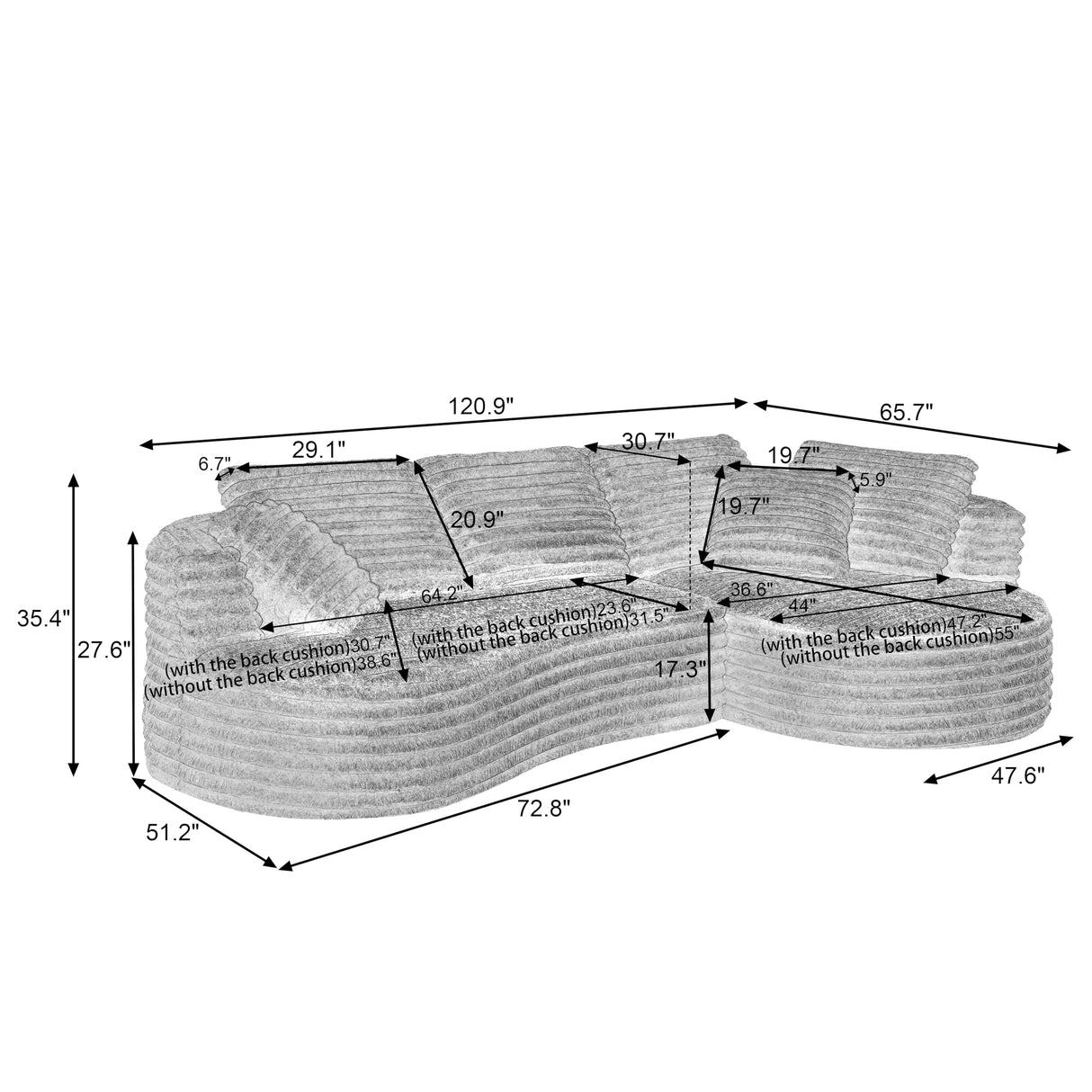 121 inch Curved Modular Sectional Sofa Couch, Oversized 2 Pieces Floor Foam Boneless Couches for Living Room, Deep Seat Cloud Couch with Right Facing Chaise w/Throw Pillows,No Assembly Required Eafurn