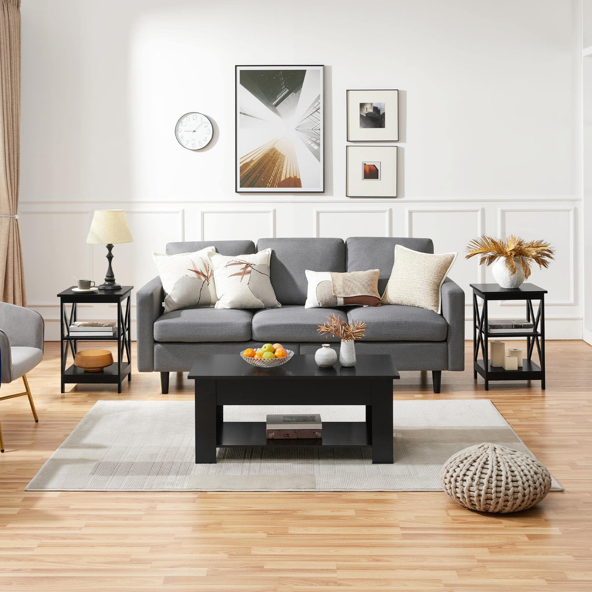 Yaheetech Modern Living Room 3 Pieces Table Sets, Lift Top Coffee Table and End Table Sets for Home and Office, Easy Assembly Accent Furniture with Hidden Compartment and Open Storage Shelf, Black Yaheetech