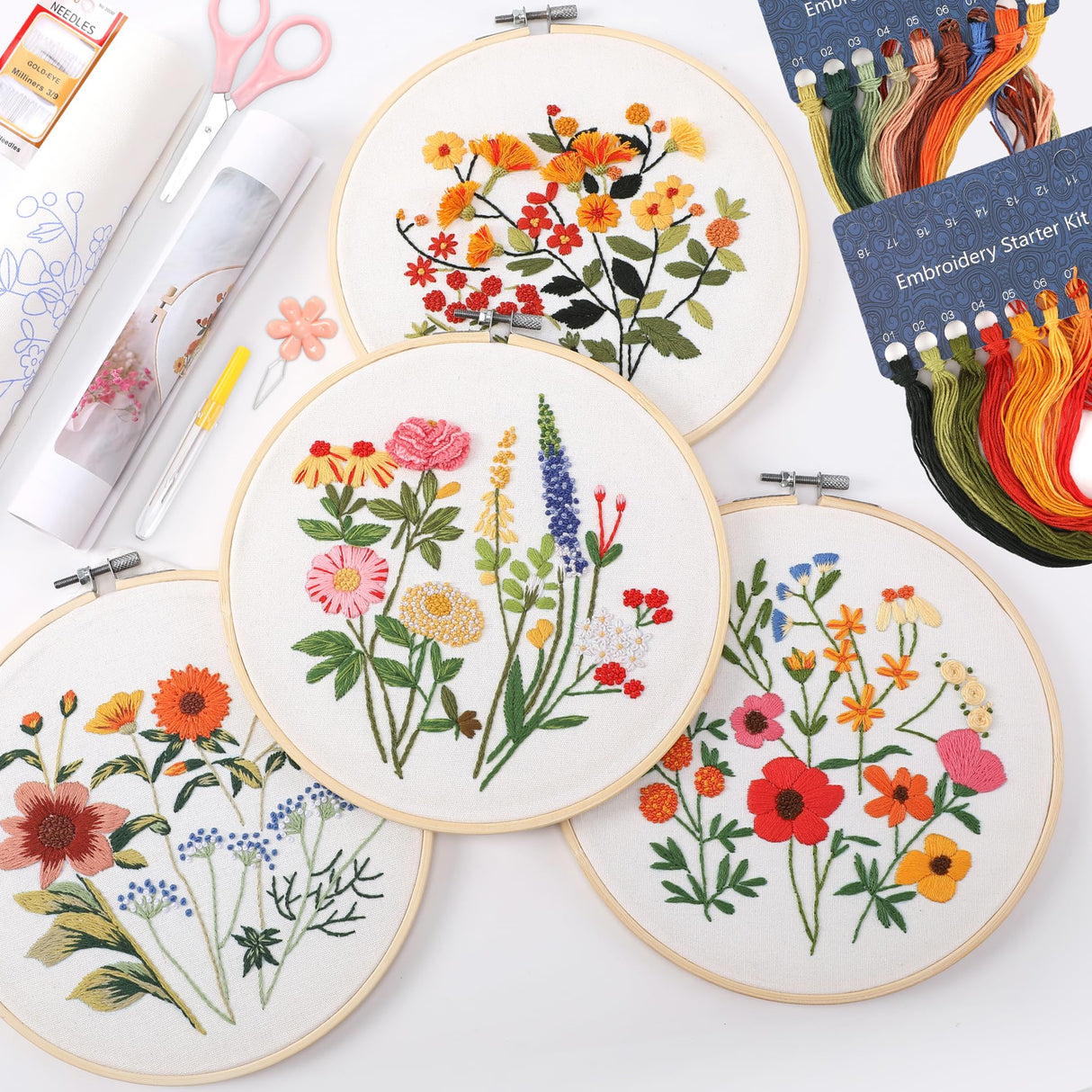 VIVIDOX 4 Sets Embroidery Kit for Beginners with Stitch Video, Flower Cross Stitch Kits for Adults, Starter, Hand Craft Lover Practice with Floral Stamped Pattern, 2 Hoops, 16 Needles, Scissors, Tools VIVIDOX