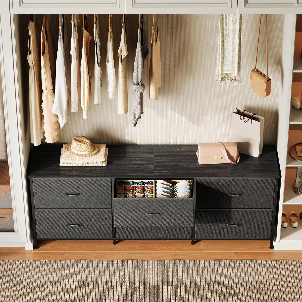 Huuger 63 Inch Long Dresser for Bedroom, Wide TV Stand for 55, 65, 70 Inch TV, 6 Drawer Dresser for Closet with Fabric Drawers, Storage Organizer for Bedroom, Entryway, Black Huuger