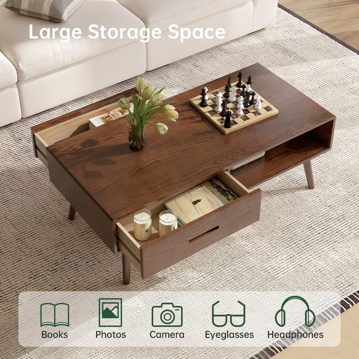 Vadisun 100% Solid Wood Coffee Table with Storage, Mid Century Modern Coffee Tables for Living Room, 39.37" W Coffee Table with 2 Drawers for Home (Oak Walnut Colour) Vadisun