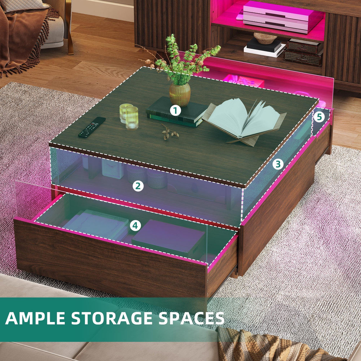 YITAHOME LED Coffee Tables for Living Room, Modern Square Coffee Table with Storage 2 Drawers, Acrylic Glass Coffee Table Farmhouse Wood Center Table, Brown YITAHOME