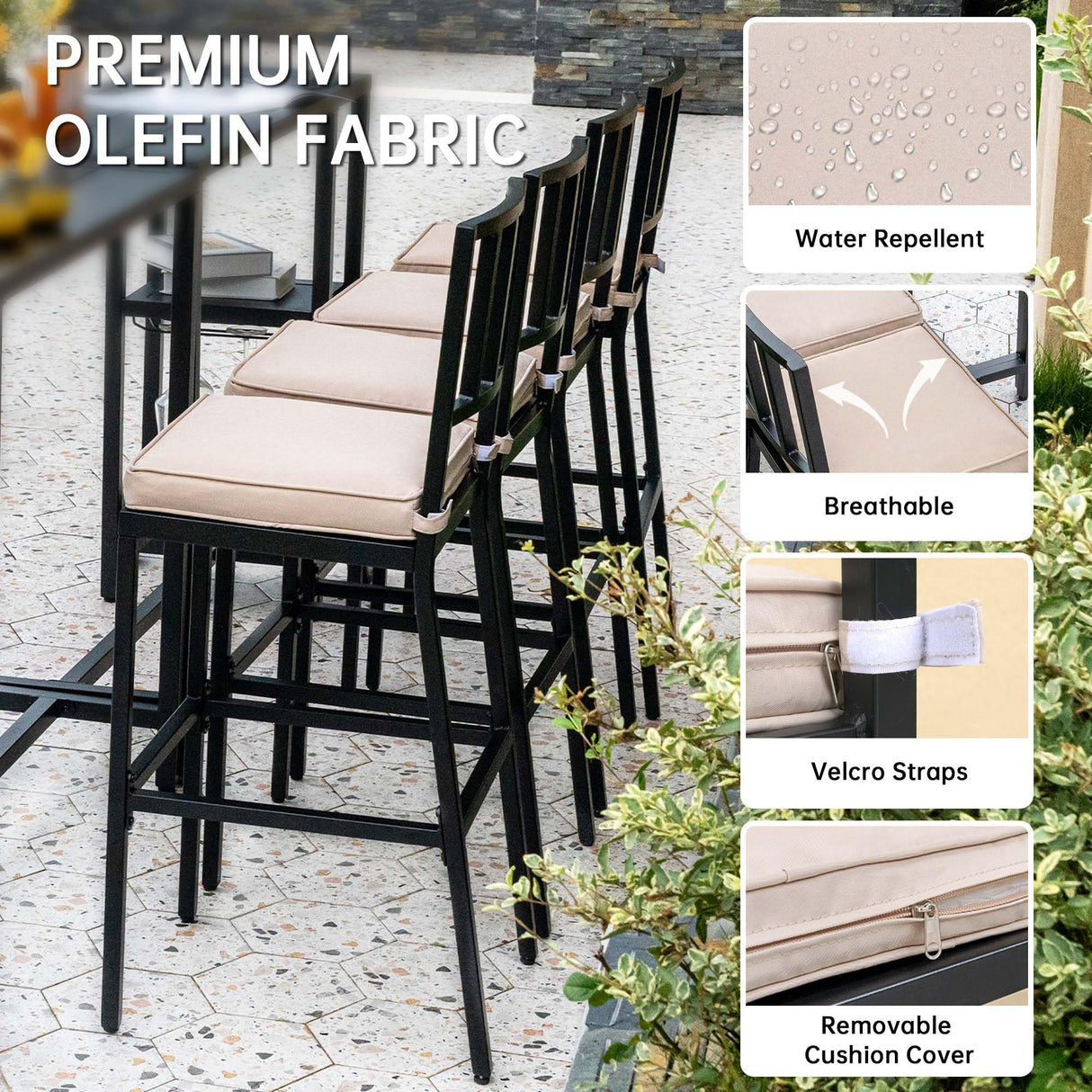 PIZZELLO 6 Piece Outdoor Patio Bar Set, 2 PCS 47" Rectangular Counter Height High Top Bar Tables with Wheels, 4 Cushioned Bar Stools, Metal Bar Table and Chairs Set for Balcony, Backyard, Porch PIZZELLO