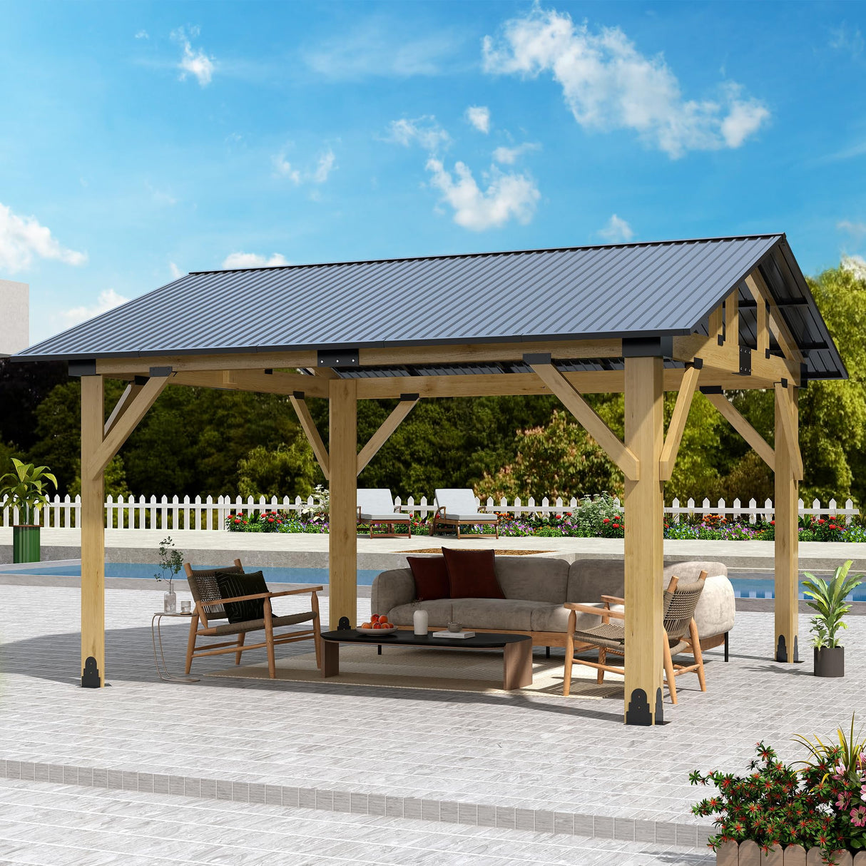 Raysfung 11' x 13' Wood Gazebo, Outdoor Hardtop Gazebo with Galvanized Steel Roof, Cedar Wooden Frame Gazebo for Garden, Patio, Deck Raysfung