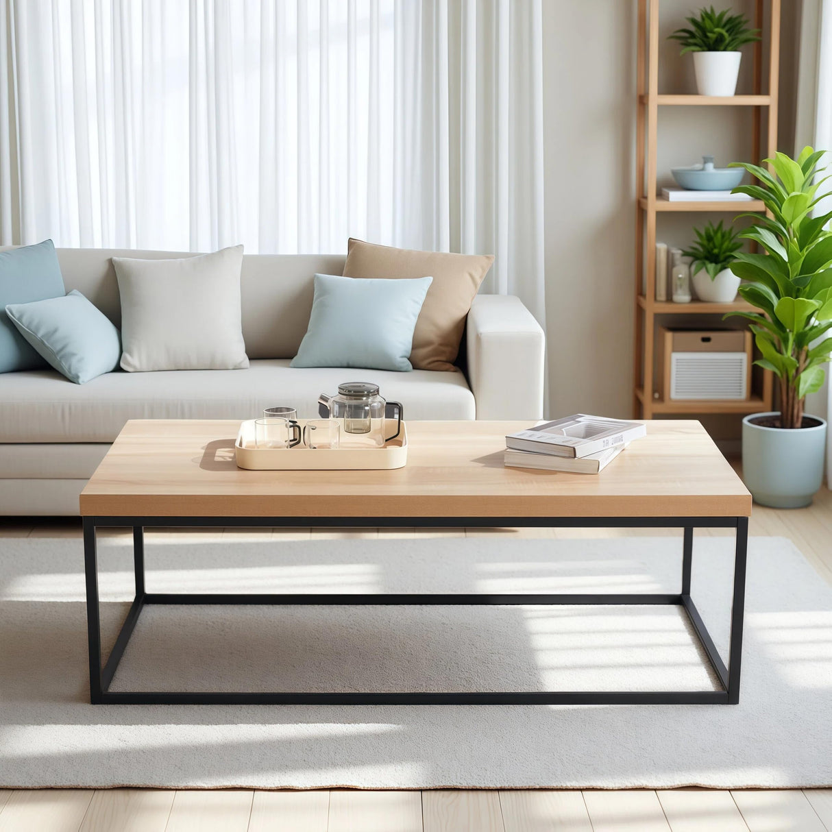 CENSI 47-Inch Natural Oak Coffee Table for Living Room, Modern Industrial Rectangular Wood and Metal Center Table with Extra Thick Tabletop (Natural Wood) CENSI