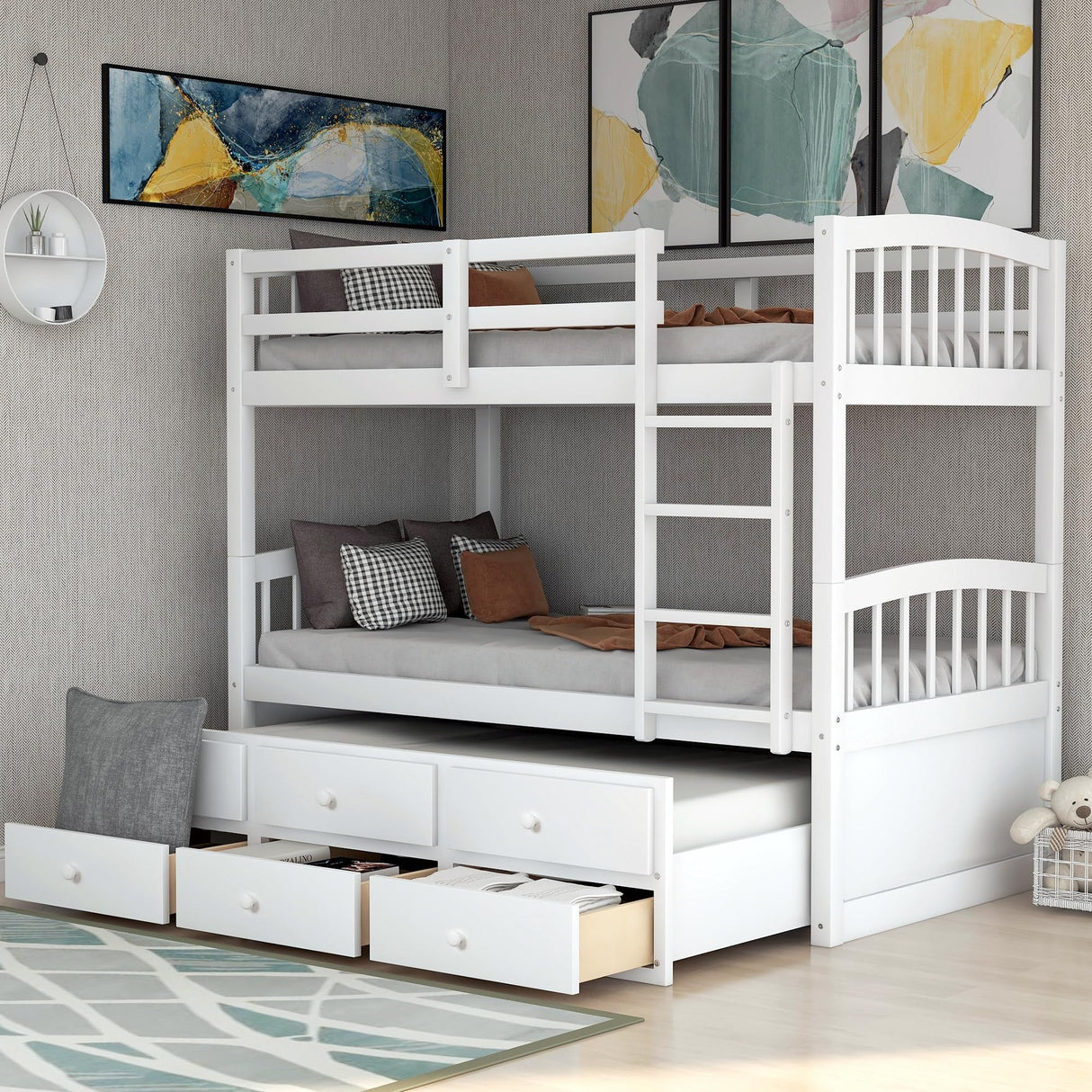 Harper & Bright Designs Twin Over Twin Bunk Bed with Trundle and Storage Drawers, Wood Bunk Bed with Safety Rail and Ladder for Kids Teens Adults, No Box Spring Required (White) Harper & Bright Designs