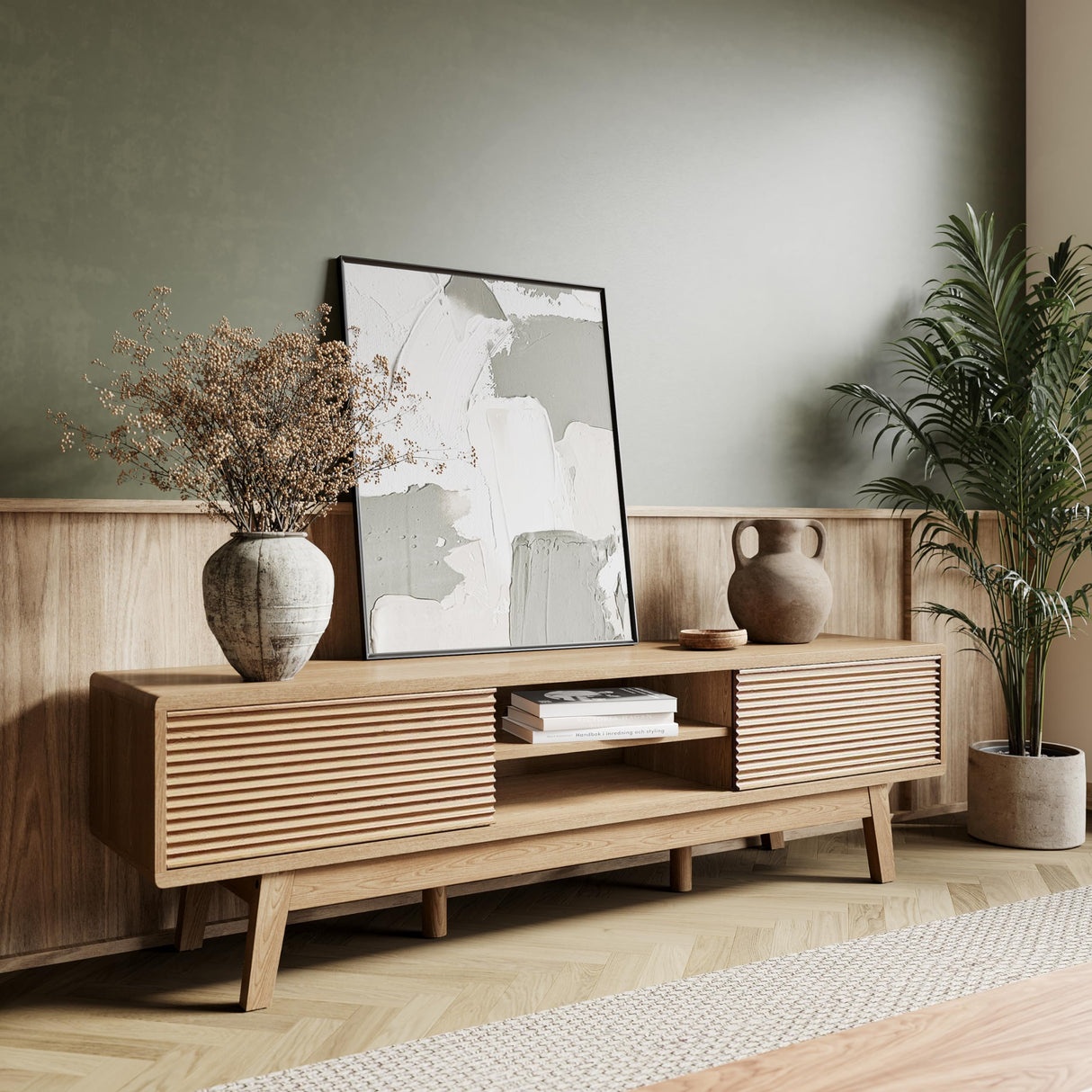 Buytime 59" Mid Century Modern Wood TV Console, Boho TV Stand for 55/60/65 Inch TV, Low Profile Media Console with Fluted Sliding Doors, Modern Entertainment Center for Living Room (Fluted Oak, 59") Buytime