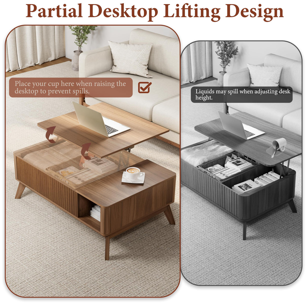 Lift Top Coffee Table with Storage Hidden Compartment, 40" Mid - Century Modern Wooden Living Room Center Table, Adjustable Height Desk for Laptop, Multifunctional Sofa Side Table,Walnut Royal Windsor