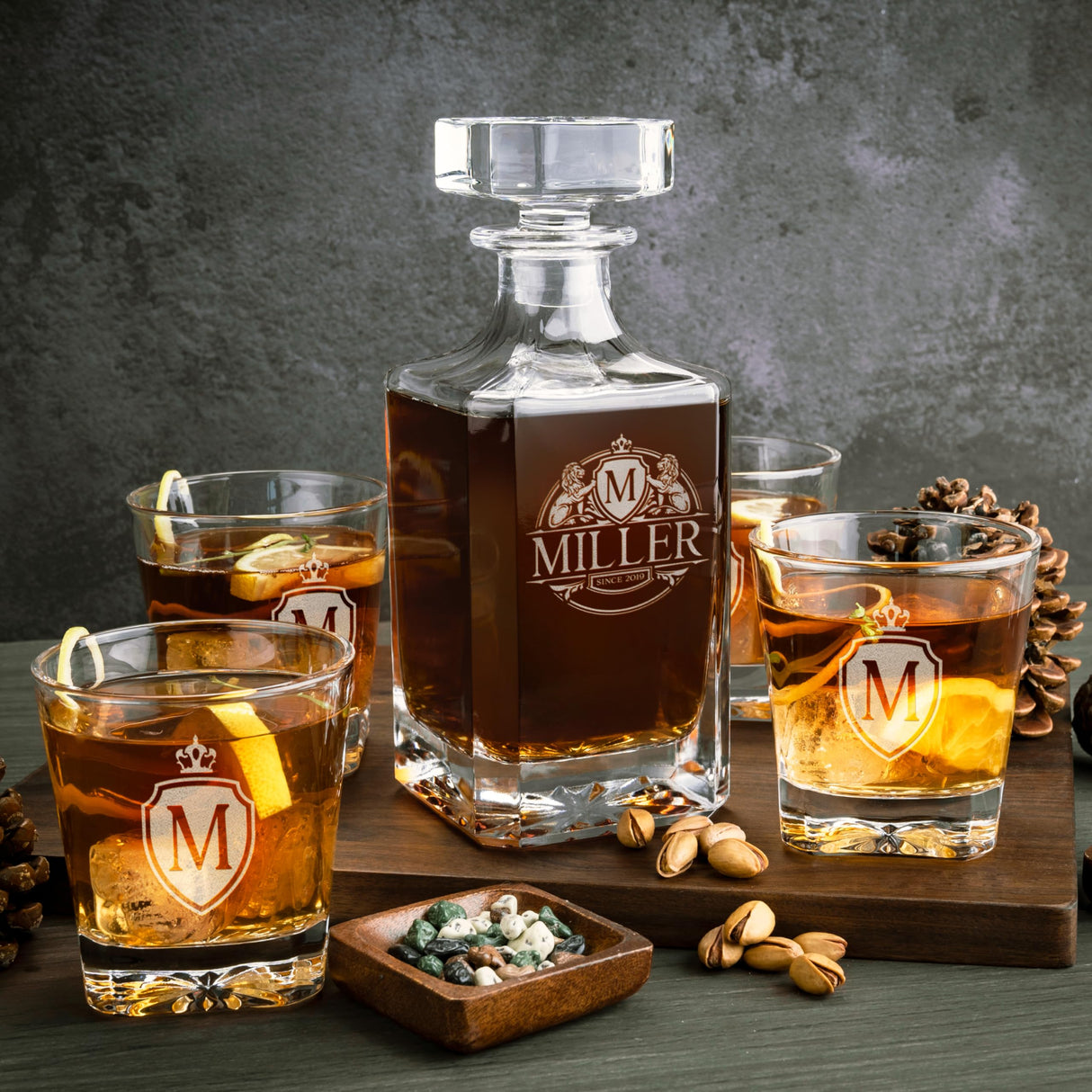 Personalized 5 pc Whiskey Decanter Set - 9 Design Options - Limited Edition, Custom Liquor Decanter | 25 Oz, 750ml Liquor Decanter w/ 4pcs Whiskey Glass Set #1 Amazing Items