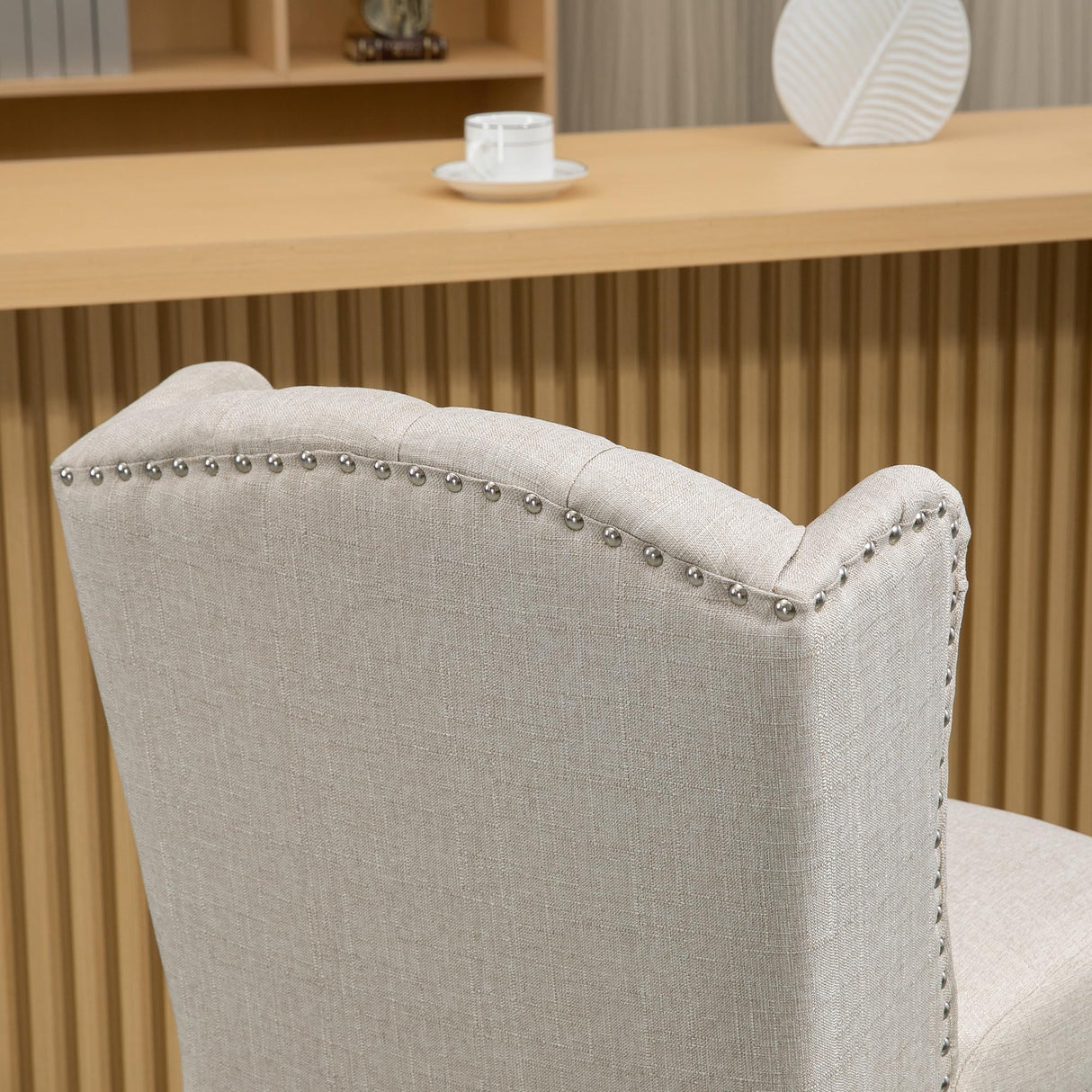 HOMCOM Counter Height Bar Stools Set of 2, 27" Seat Height Upholstered Barstools, Farmhouse Kitchen Island Stools with Nailhead-Trim, Tufted Back and Wooden Legs, Beige HOMCOM