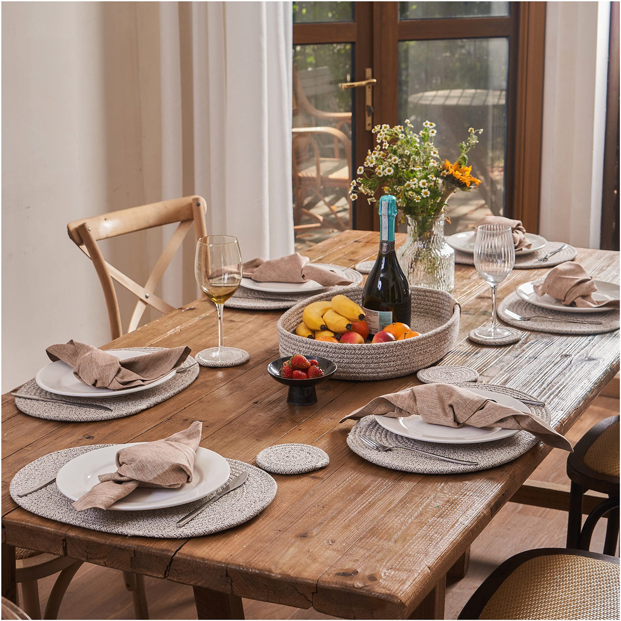 ART pinecone Cotton Rope Woven Placemats 16 * 12 inches Oval Hot Pads Hot Mats Set of 6, and 1 Storage Basket for Holiday Table Decor (16 * 12 Plus 6 Coasters, Brown Mixed) ART pinecone