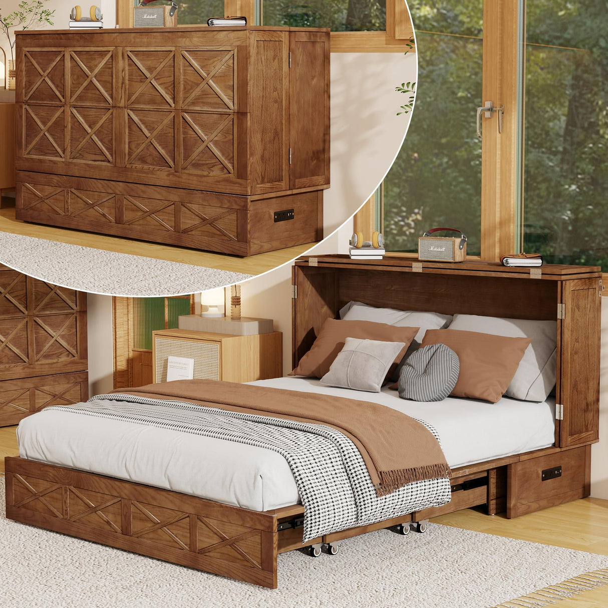 Keloyid Solid Wood Murphy Bed Cabinet:Queen Size Murphy Bed with USB Charging Station and Large Storage Drawer for Home,Optimize Sleeping Space(Mattress Not Included) Khaki-23 Keloyid