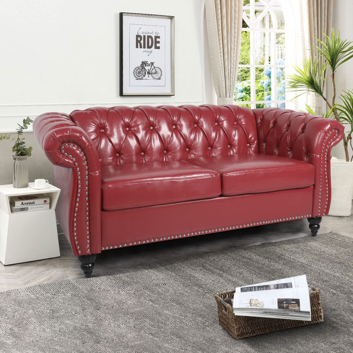 RARZOE Traditional Chesterfield PU Loveseat Sofa, Modern Vintage Chesterfield Button Tufted Faux Leather Couch with Nailhead Trim Scrolled Arms for Living Room Bedroom Office(Burgundy) RARZOE