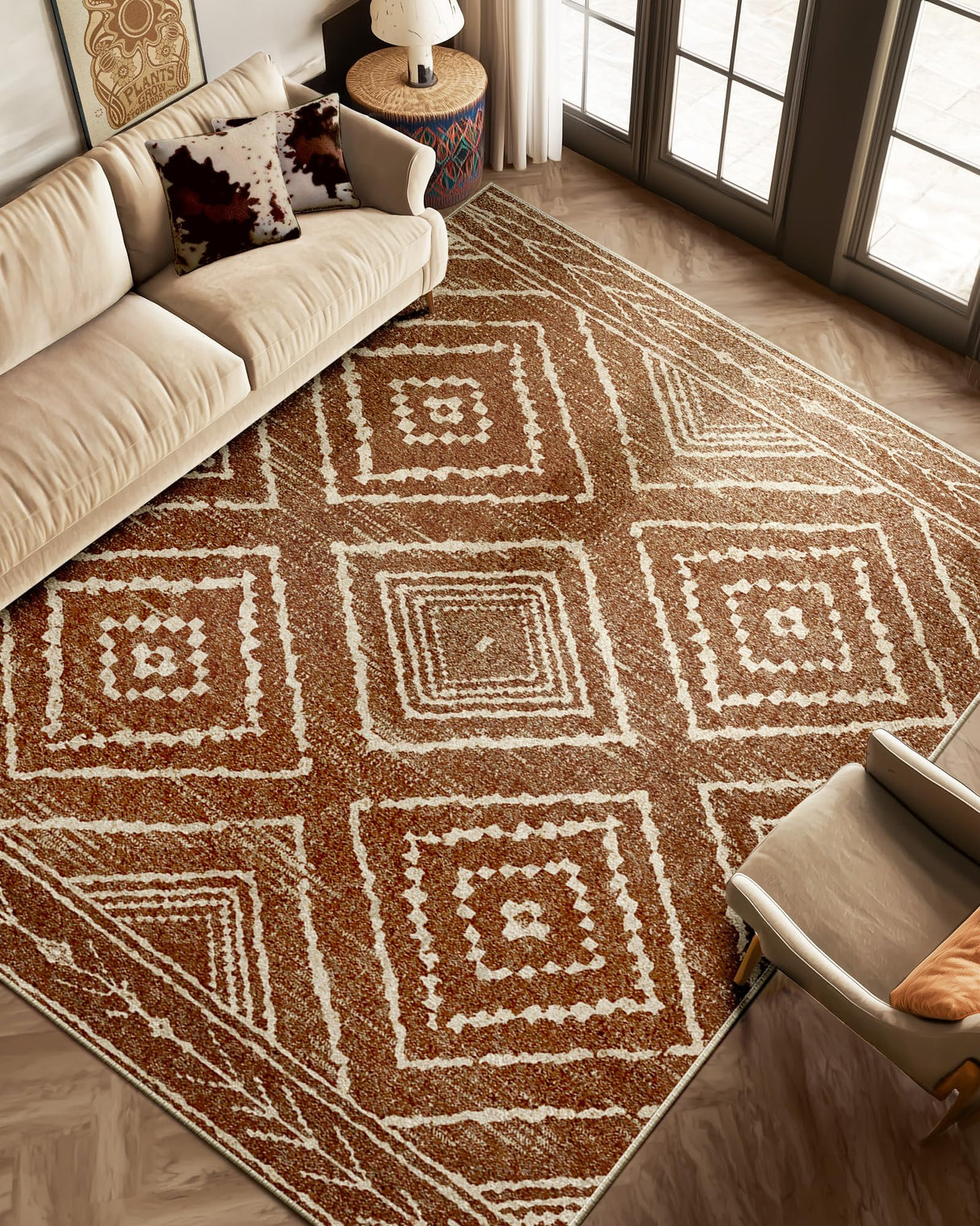 Area Rug 5x7 Rug Machine Washable Non-Slip Low Pile Print Pattern Western Rug for Living Room Bedroom Entryway Tribal Series -Yellowbrown/Cream BESTSWEETIE