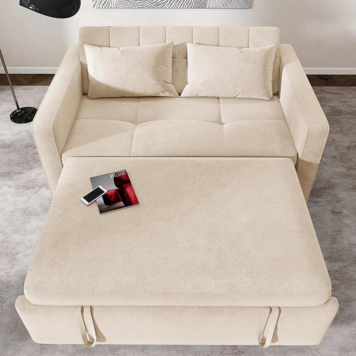 DWVO 55" Convertible Sofa Bed, 3-in-1 Sleeper Sofa with Pull-Out Bed, Velvet Futon Couch with Adjustable Backrest and Side Pocket, Modern Loveseat for Living Room Apartment, Beige DWVO