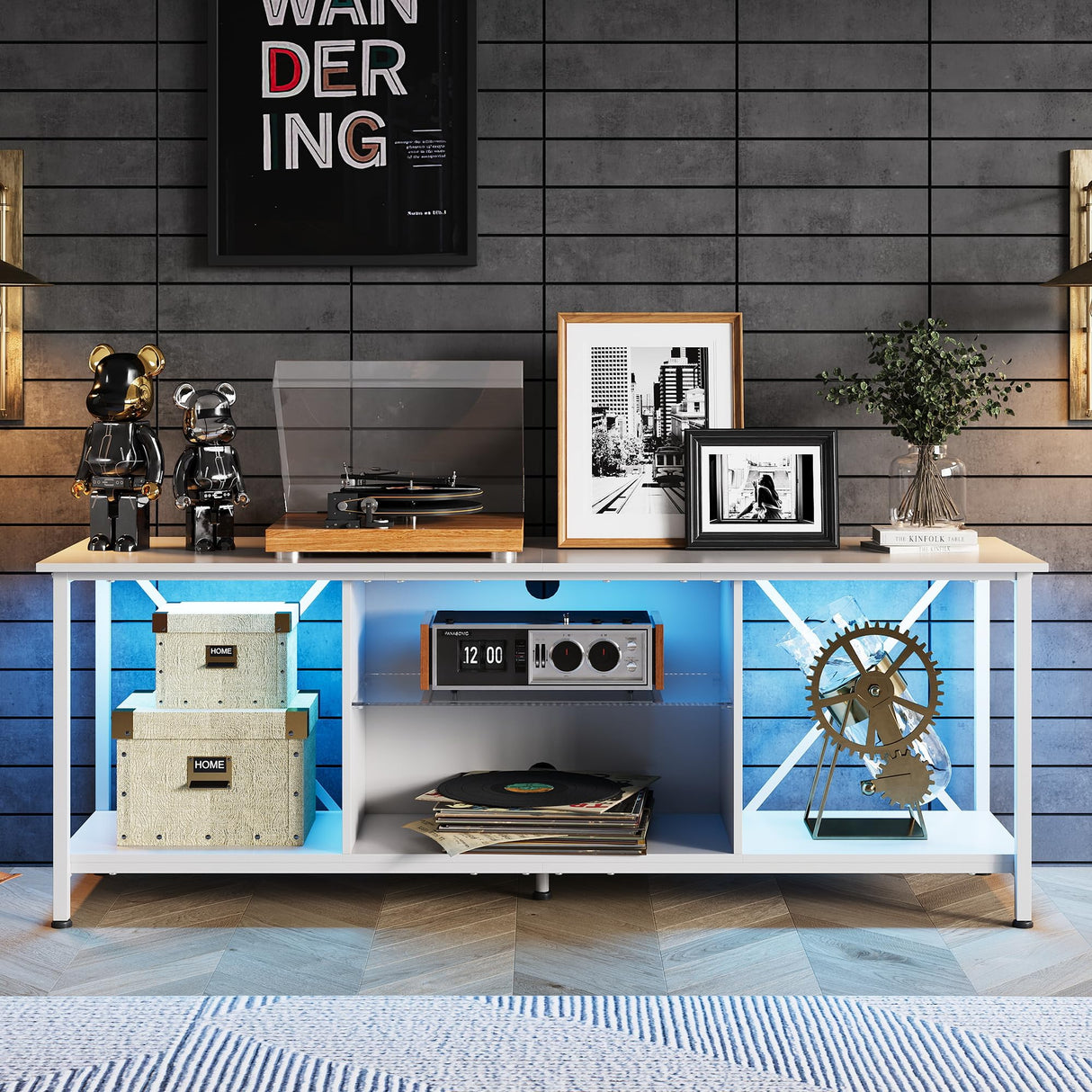 WLIVE TV Stand up to 65 Inch TV, 55" Entertainment Center with LED, Industrial TV Console with Glass Shelf for Living Room and Bedroom, White WLIVE