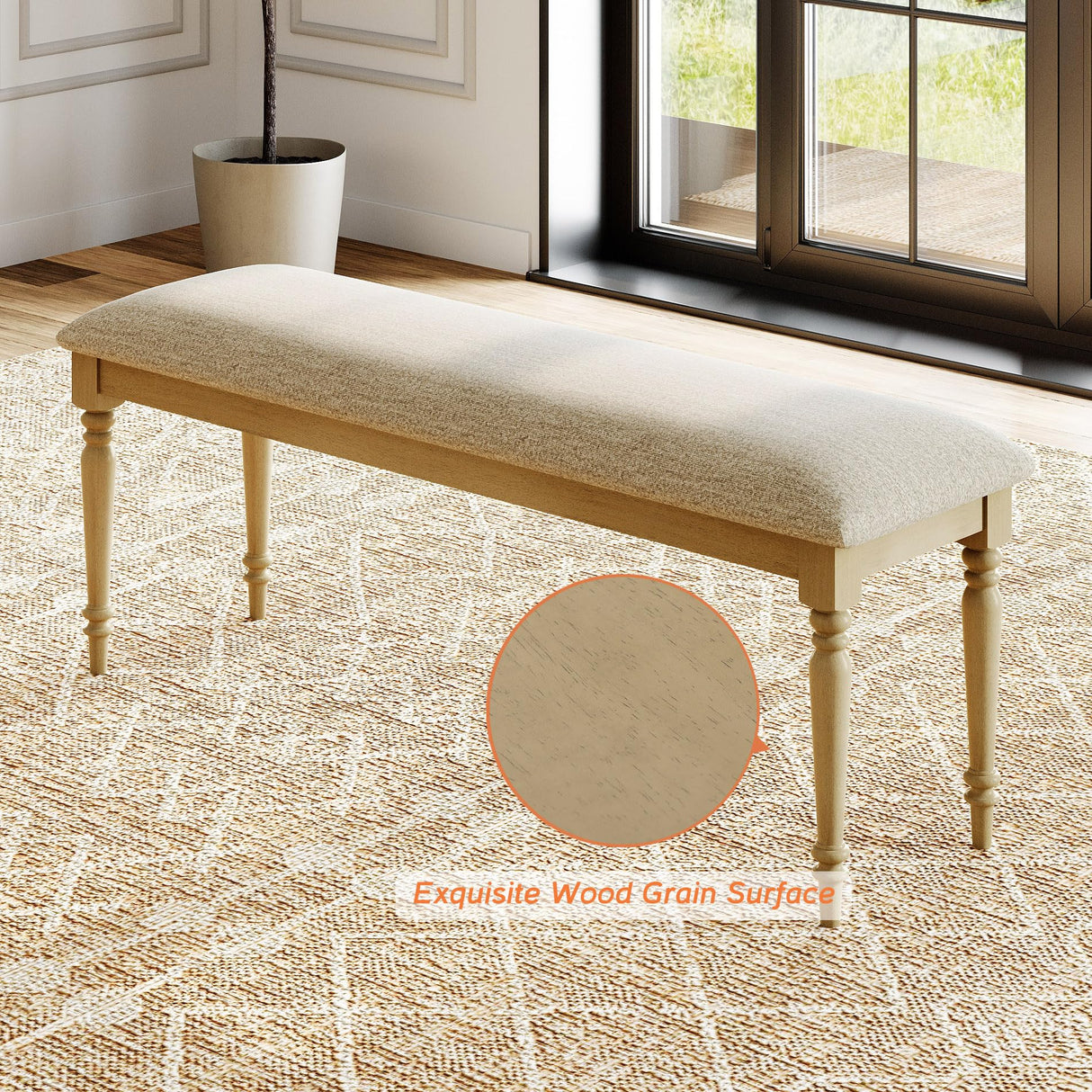 WAMPAT 6 Piece Dining Table Set, Wooden Rectangular Table for 6-8, 4 Dining Chairs with Cross-Back, Upholstered Bench with Rubber Wood Legs, Kitchen Table with Chairs for Dining Room, Oak WAMPAT