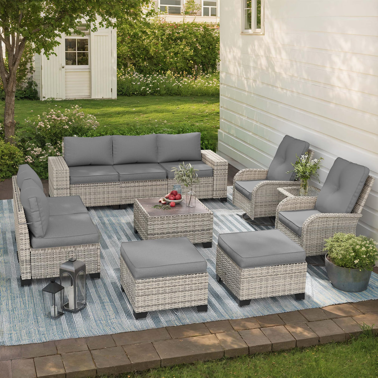 Muphyers 11-Piece Outdoor Patio Furniture Set with Rocking Swivel Chair Wicker Sectional Sofa Set, Patio Conversation Set with Ottomans & Coffee Table for Garden, Backyard, Poolside, Grey Muphyers